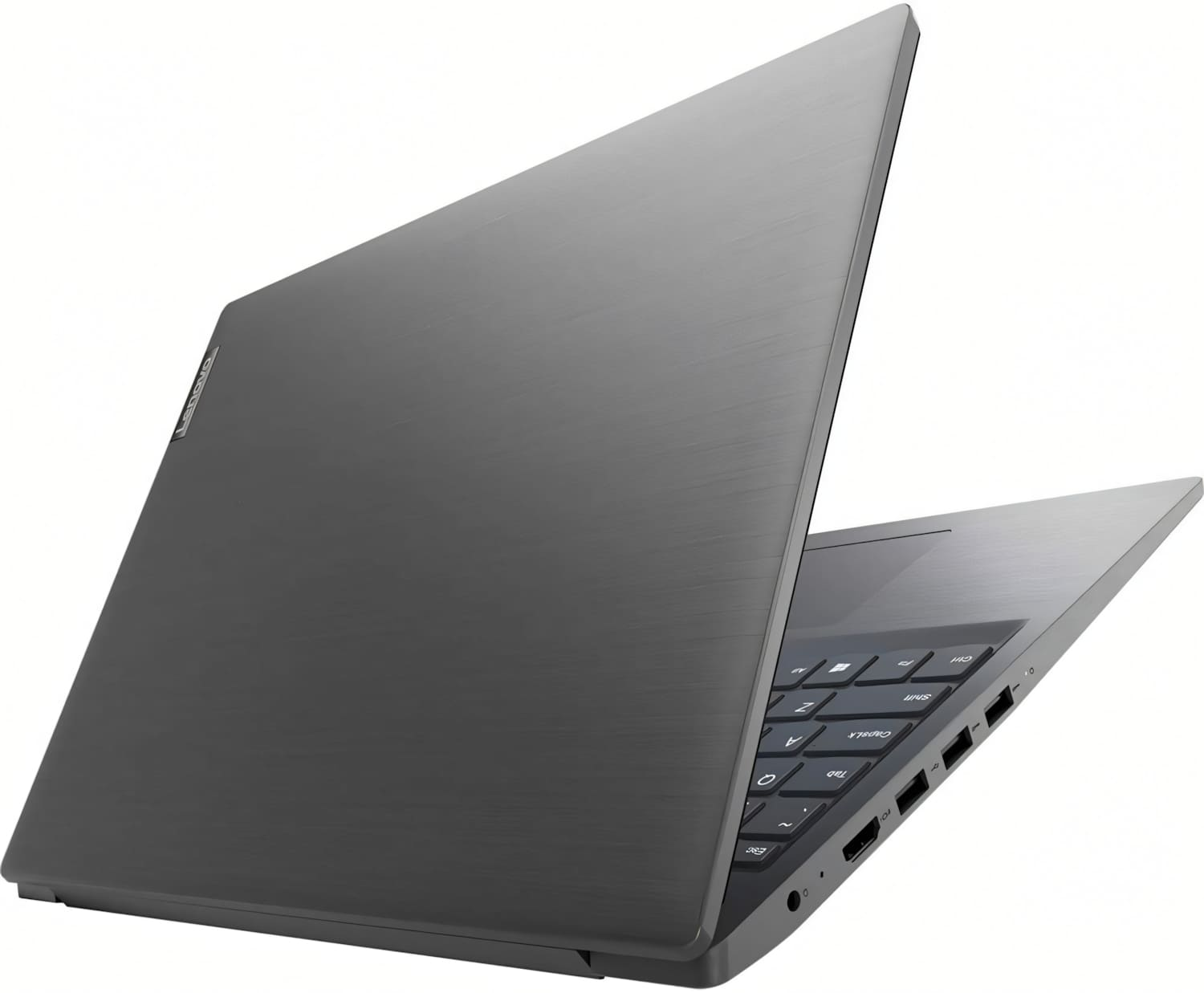 Un portátil Lenovo gris está en ángulo para mostrar su parte posterior, revelando el logotipo de la marca. El teclado es visible.