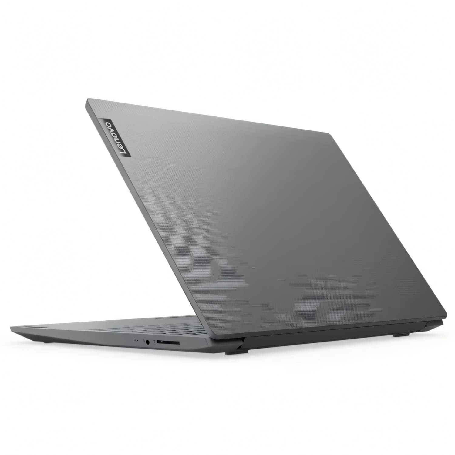 Un portátil Lenovo gris está en ángulo para mostrar su parte posterior, con una superficie texturizada. El logotipo de Lenovo es visible.