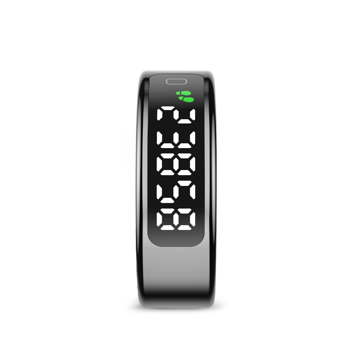 Schwarzer Smartring mit digitaler Anzeige, Vorderansicht. Schlanker Fitnesstracker.
