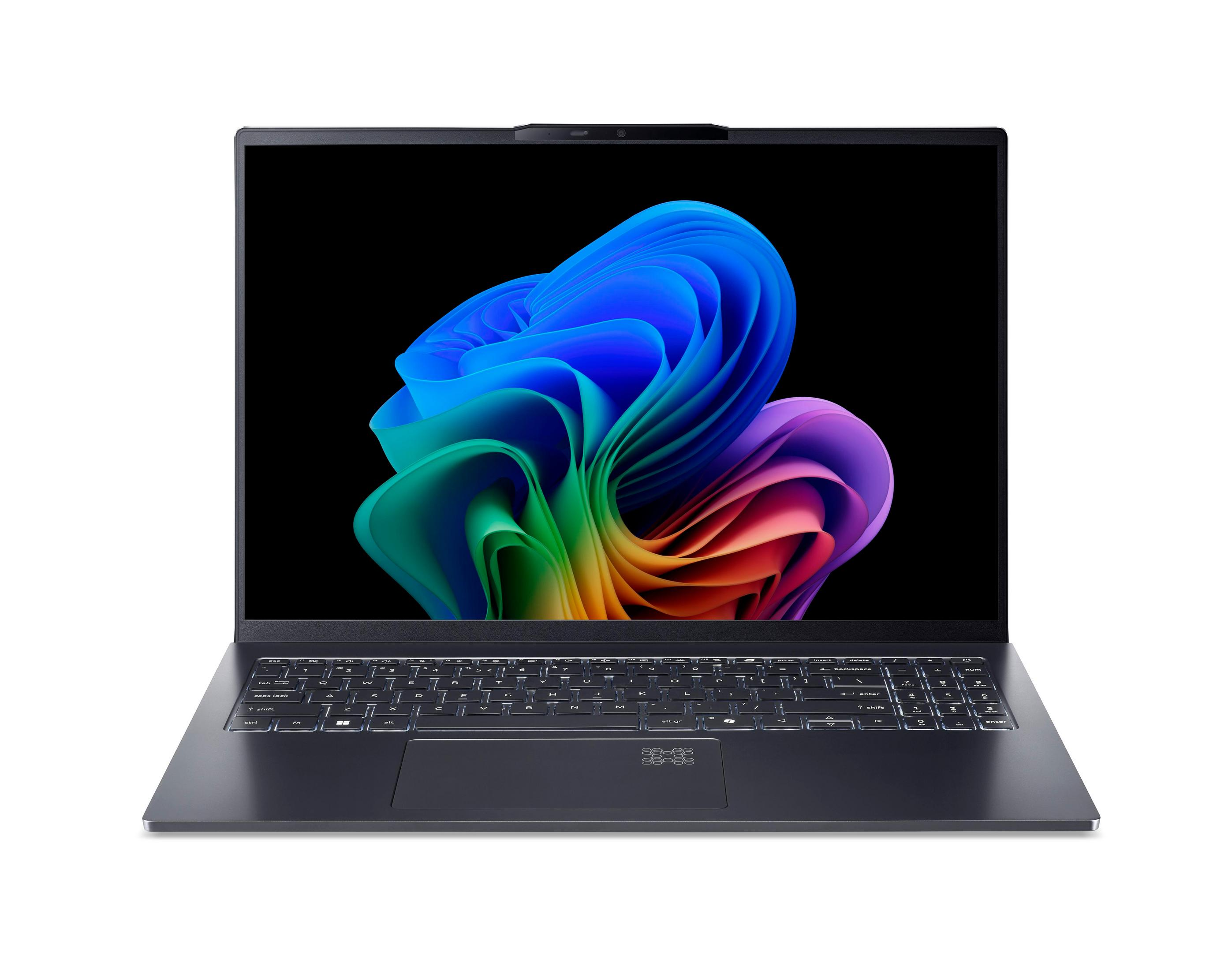 Der Laptop-Bildschirm zeigt einen abstrakten bunten Wirbel auf schwarzem Hintergrund, darunter die Tastatur.