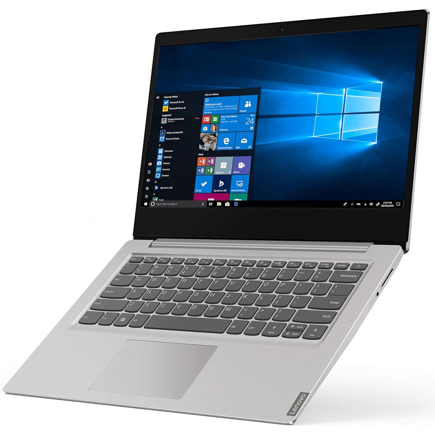 Un portátil plateado muestra el sistema operativo Windows en su pantalla, sobre un fondo blanco brillante.