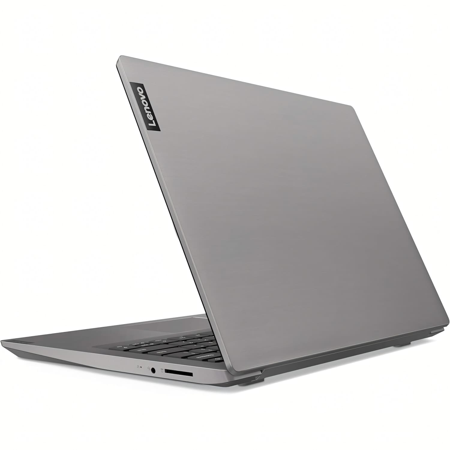 Un portátil plateado está colocado con la pantalla parcialmente abierta, mostrando el logotipo de Lenovo en el panel posterior.
