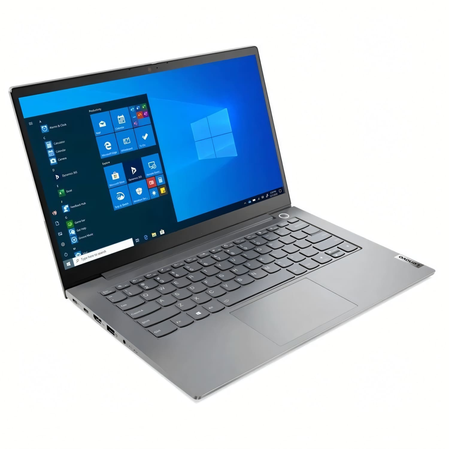 Portátil Lenovo gris, abierto. Pantalla muestra interfaz Windows. Teclado y panel táctil visibles. Fondo blanco.