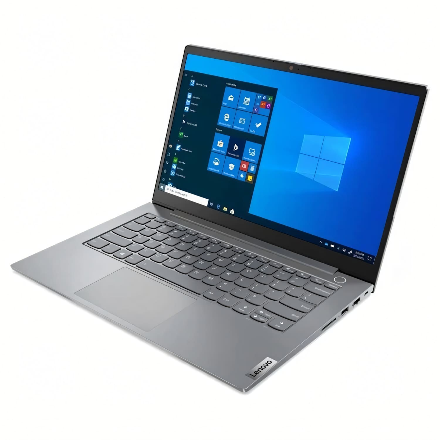 Portátil Lenovo gris, abierto. Pantalla muestra interfaz Windows. Teclado y panel táctil visibles. Fondo blanco.