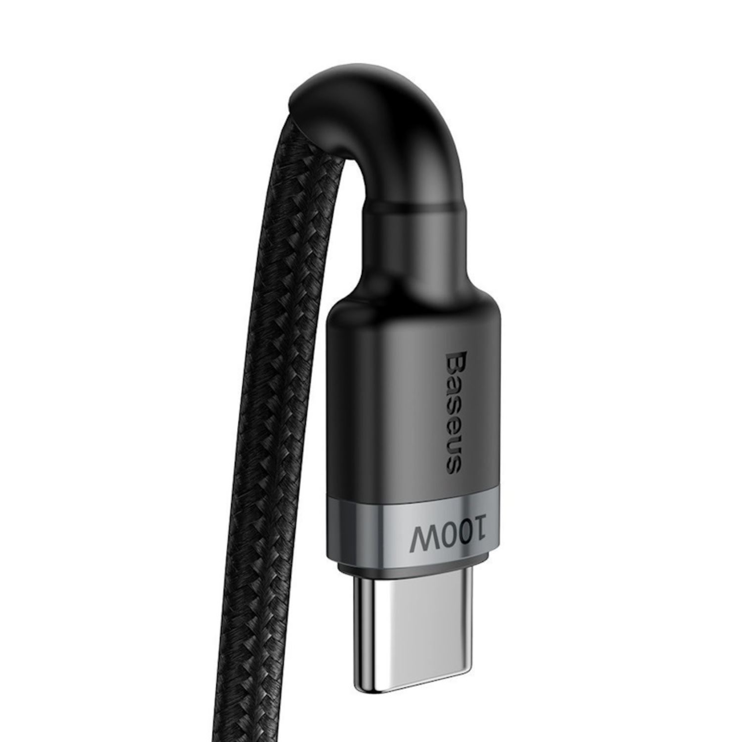 Czarny kabel USB-C z plecionym wzorem. Podstawa kabla ma oznaczenia Baseus i 100W.