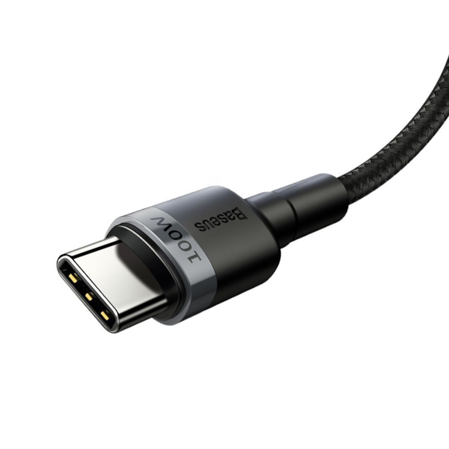 Zbliżenie czarnego złącza USB-C z oznaczeniami Baseus i 100W.