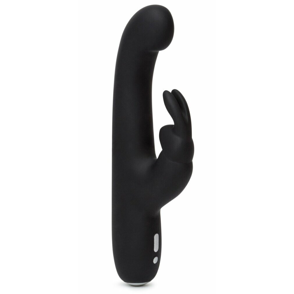 Ein schwarzes Sexspielzeug in Form eines gebogenen Zylinders mit Hasenohren-Design oben.