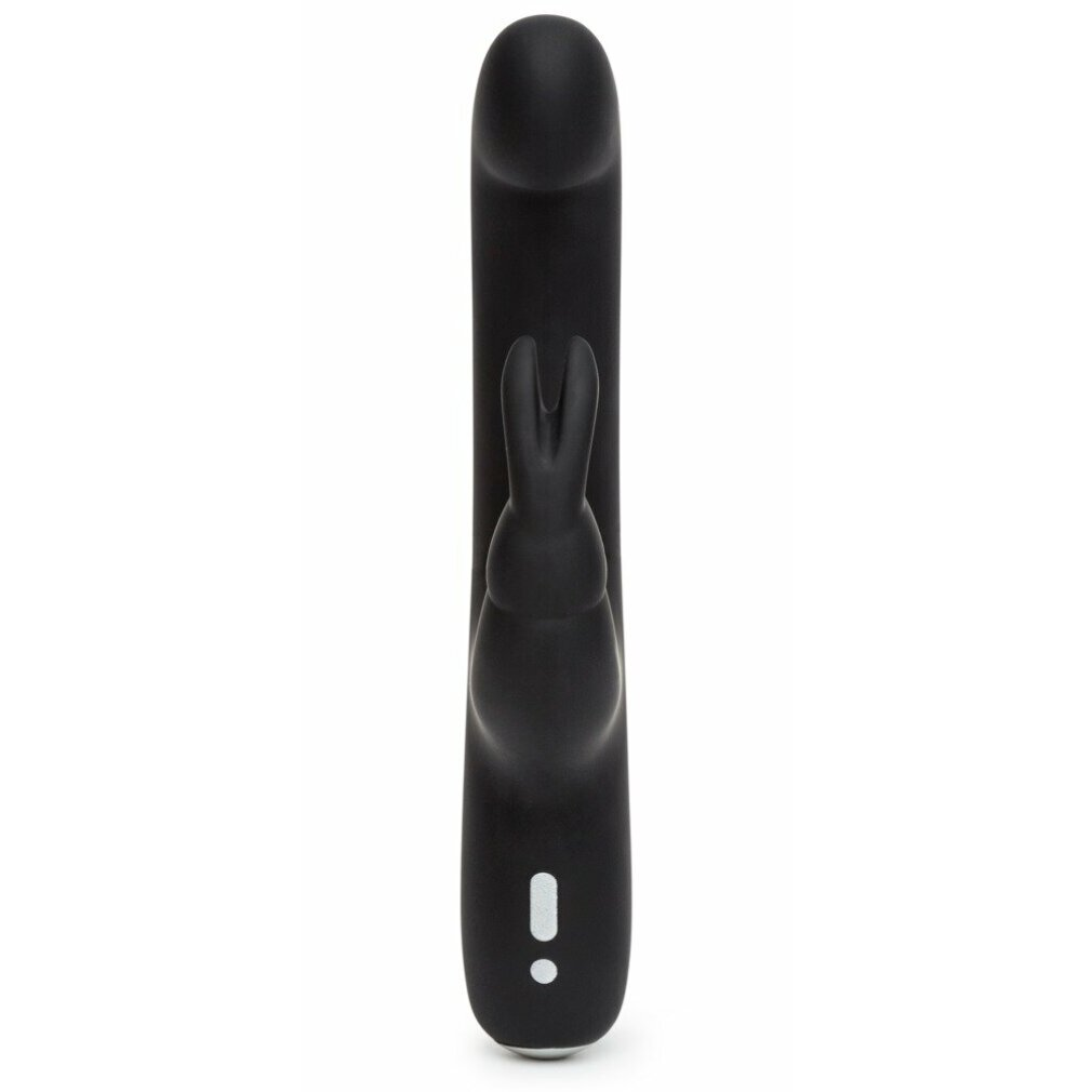 Ein schwarzes Sexspielzeug in Form eines gebogenen Zylinders mit Hasenohren-Design oben.