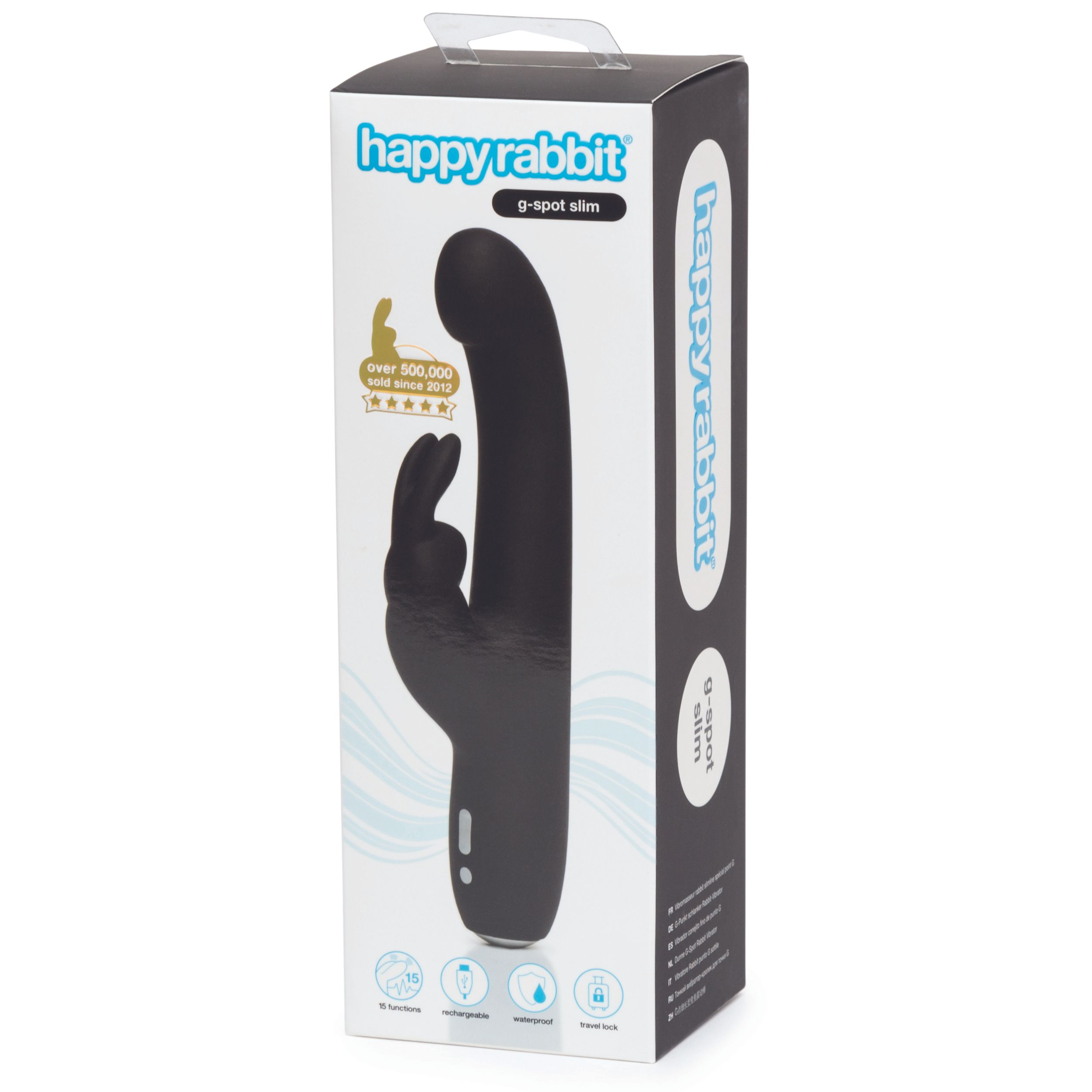 Eine Verpackung mit einem schwarzen, hasenförmigen Vibrator auf der Schachtel, mit Text und Logos. Weißer Hintergrund.