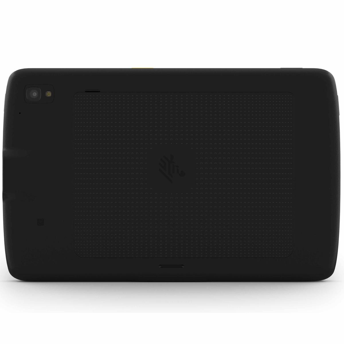 L'immagine mostra il retro di un tablet Zebra ET40 nero su una superficie bianca, con un pannello testurizzato.