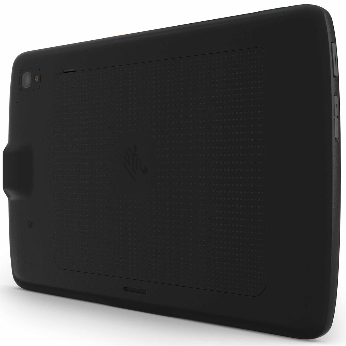 L'immagine mostra il retro di un tablet Zebra ET40 nero con un pannello testurizzato e fotocamera, angolato su una superficie bianca.