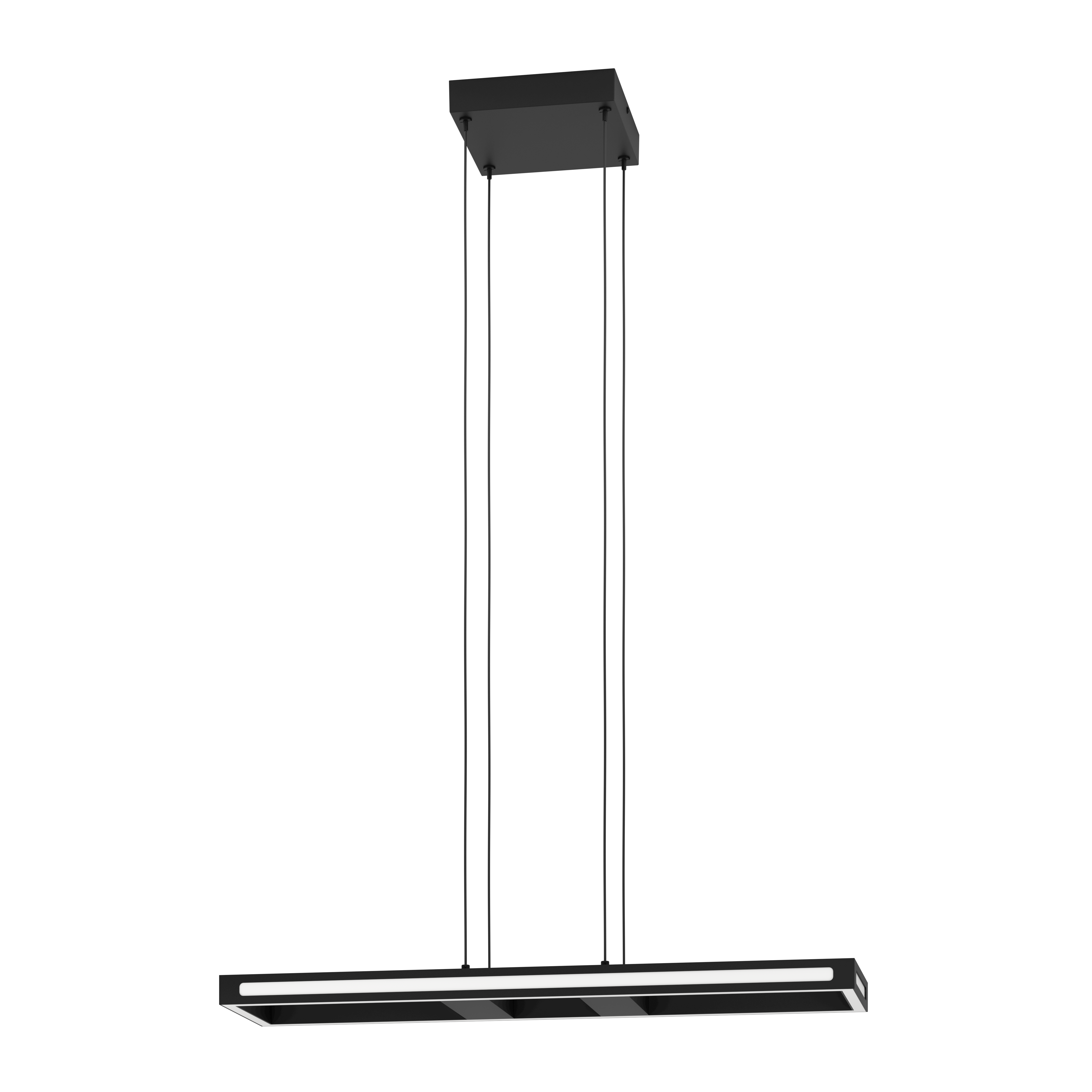Eine schwarze Pendelleuchte mit rechteckiger LED-Leuchte hängt vor einem schwarzen Hintergrund.
