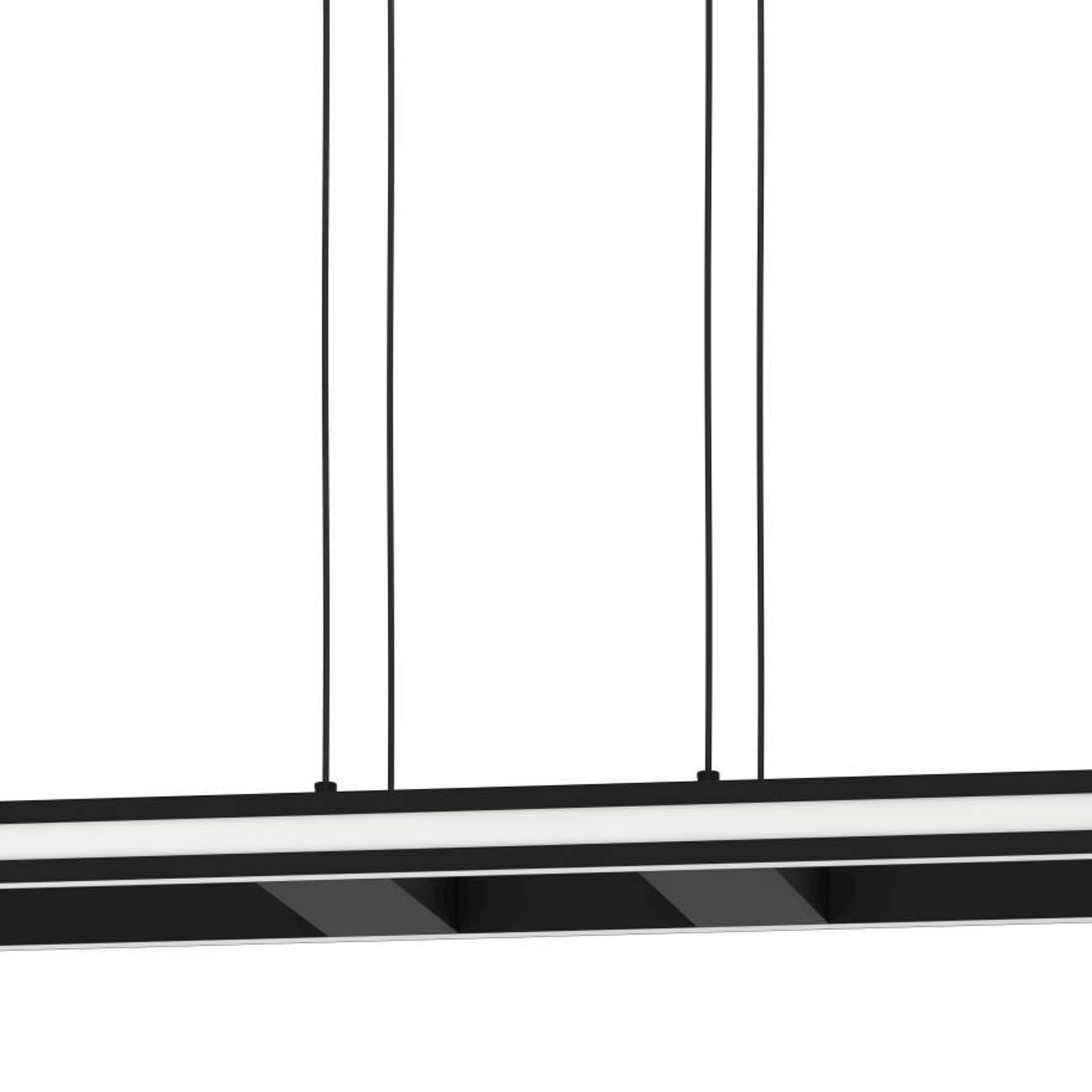 Nahaufnahme einer schwarzen Pendelleuchte mit einem weißen LED-Streifen vor einem weißen Hintergrund.
