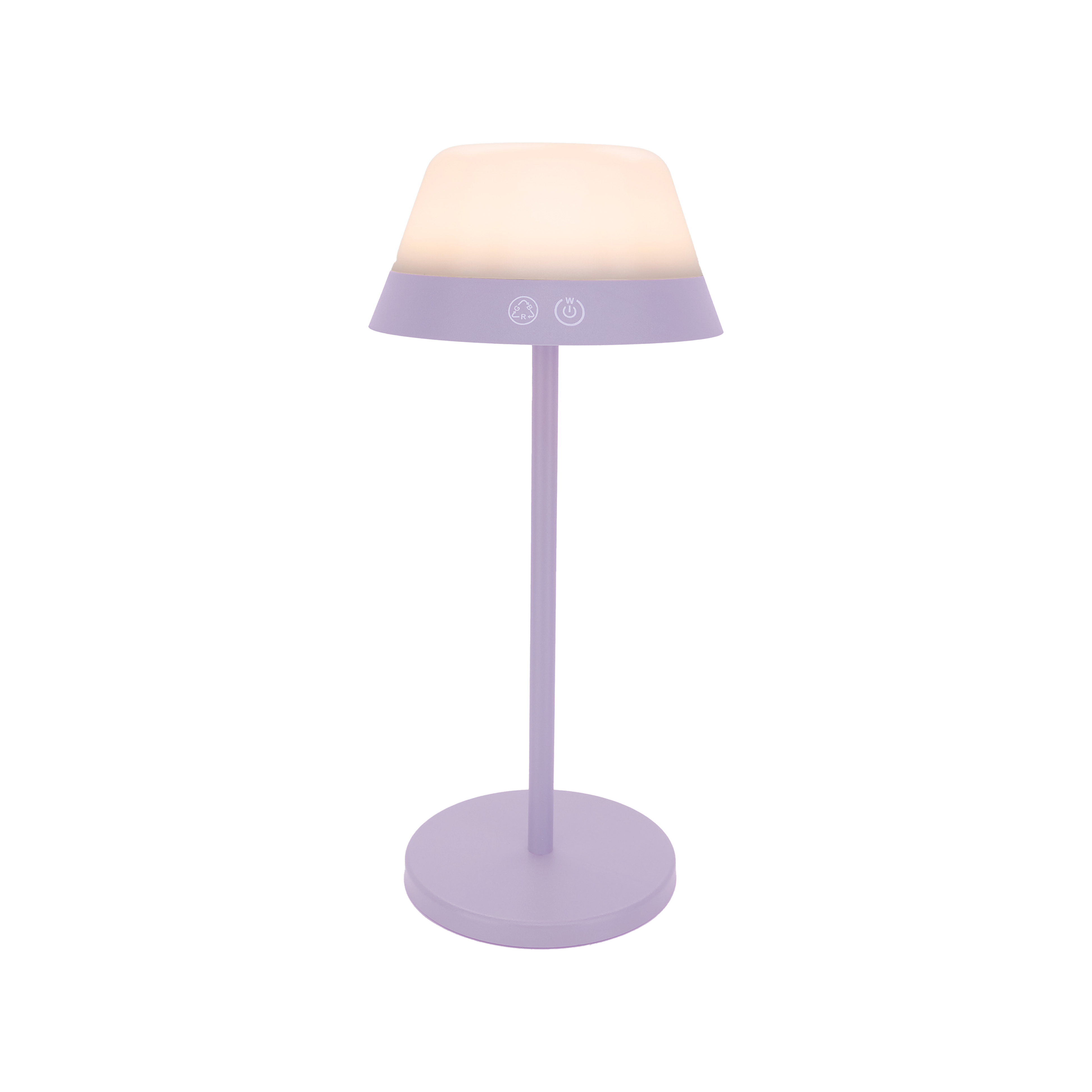 Eine lila berührungsempfindliche Lampe mit einem runden Sockel und einem Lampenschirm auf einem weißen Hintergrund.