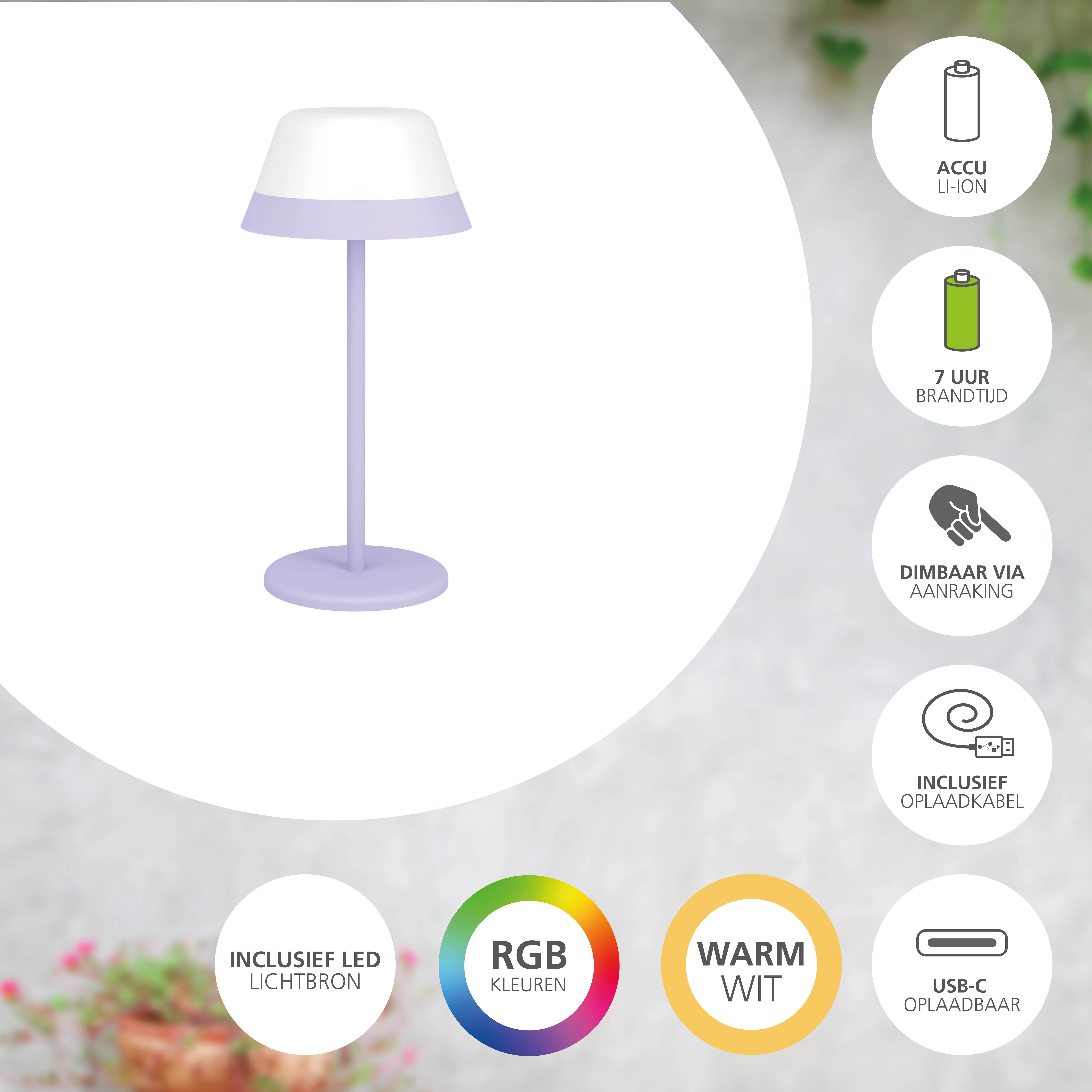 Eine lavendelfarbene und weiße Lampe mit technischen Daten auf floralem Hintergrund.