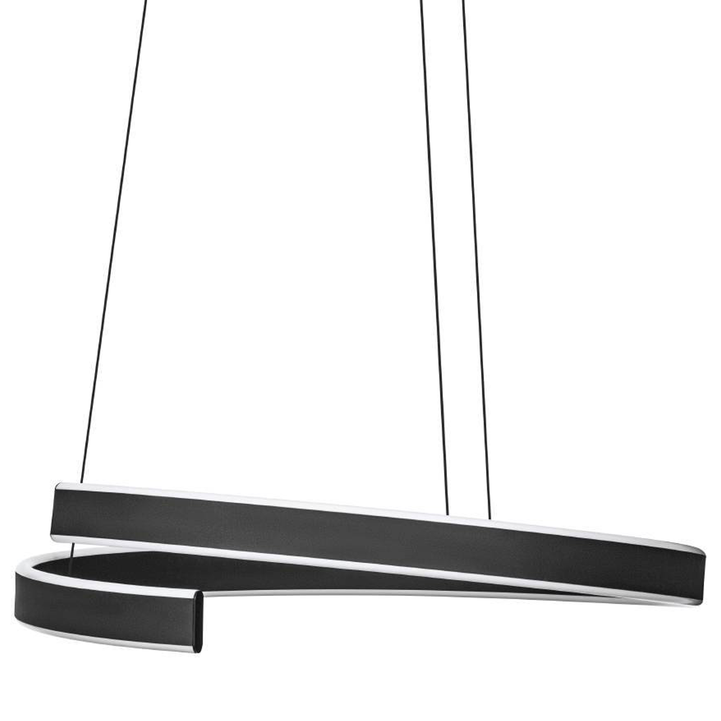 Eine moderne schwarze Pendelleuchte mit weißer Zierleiste hängt vor einem weißen Hintergrund.