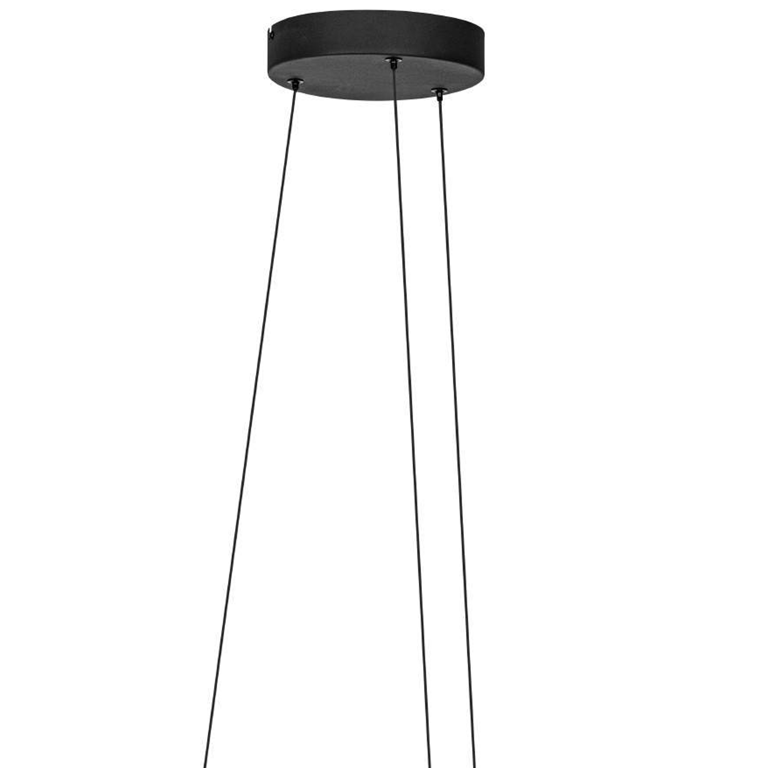 Eine schwarze Deckenleuchte mit hängenden Drähten vor einem weißen Hintergrund, modernes Design.