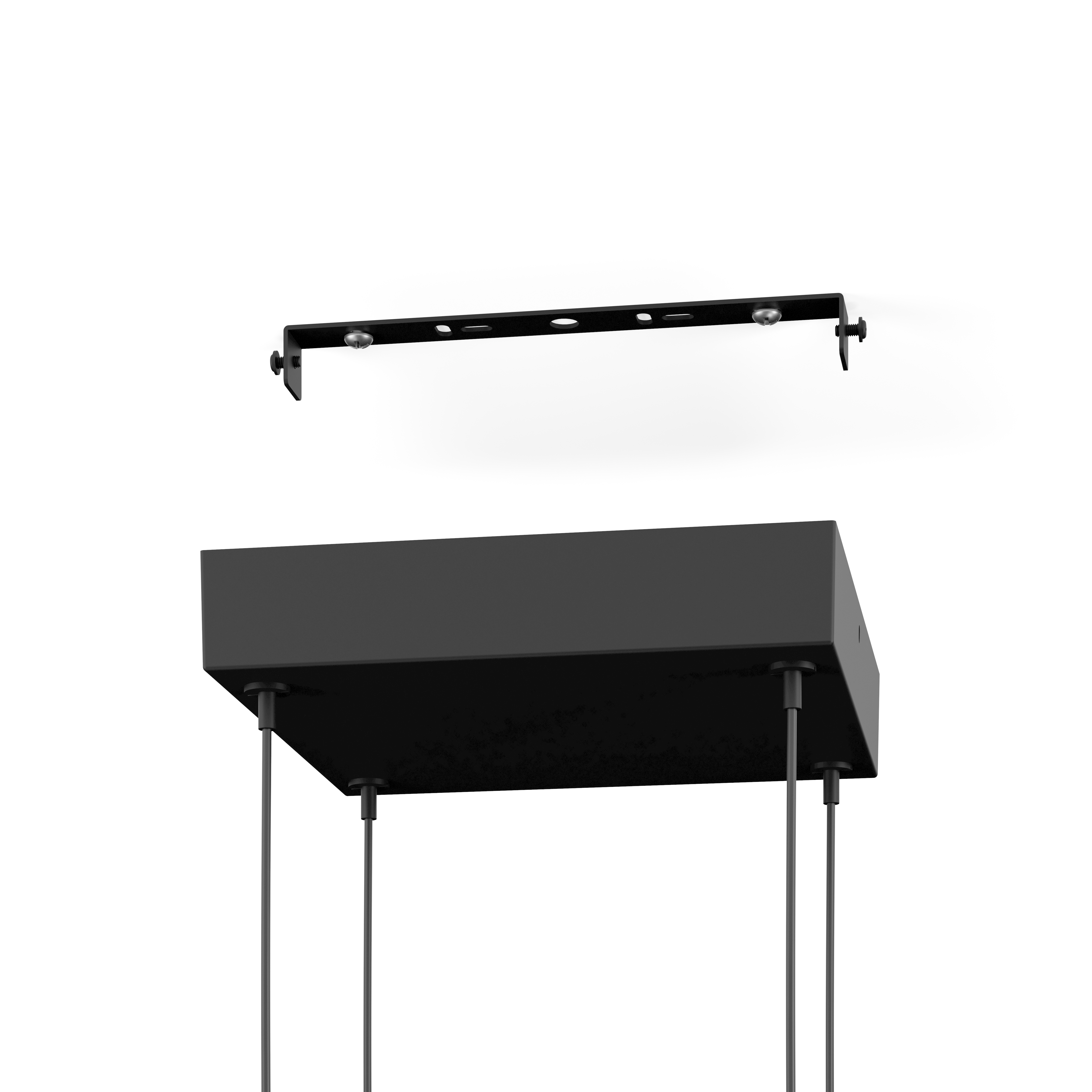 Eine schwarze Deckenleuchte und eine Halterung werden vor einem weißen Hintergrund dargestellt, um ihr Design zu zeigen.