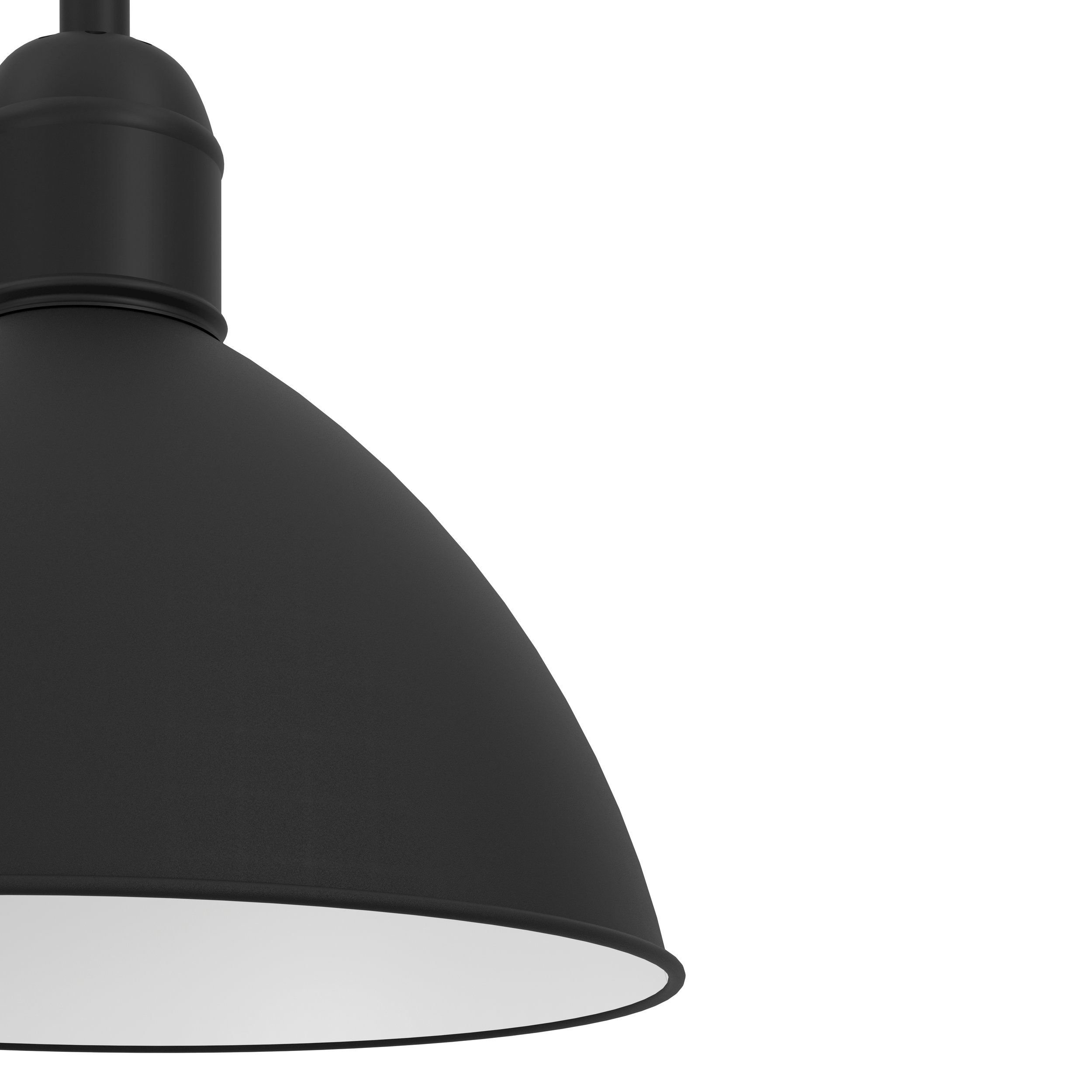 Una lampada a sospensione nera con interno bianco è mostrata su uno sfondo bianco, evidenziandone il design.