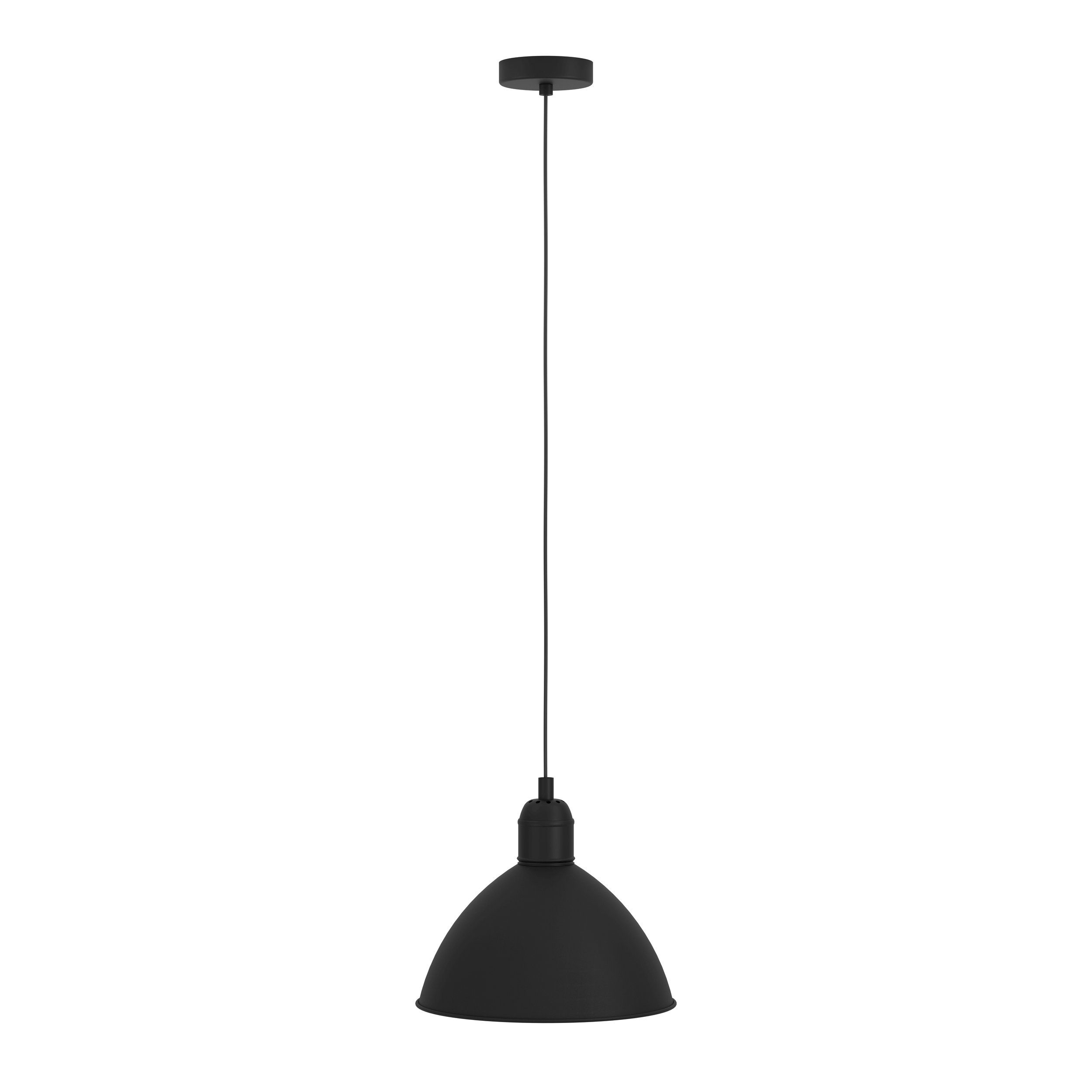 Una lampada a sospensione nera pende dal soffitto, semplice e moderna, su uno sfondo bianco.