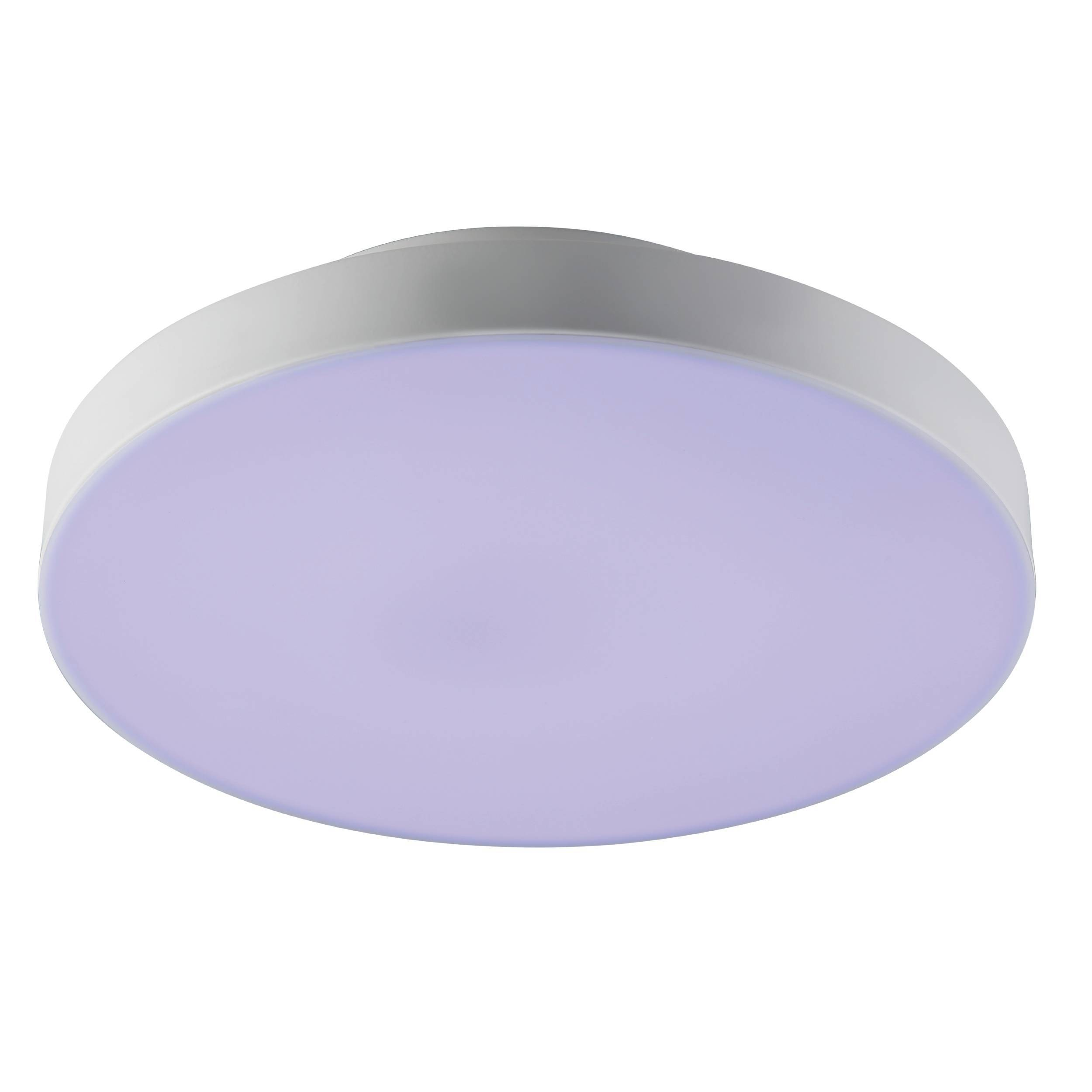 Viene mostrata una plafoniera rotonda con un bordo bianco e un centro viola chiaro.