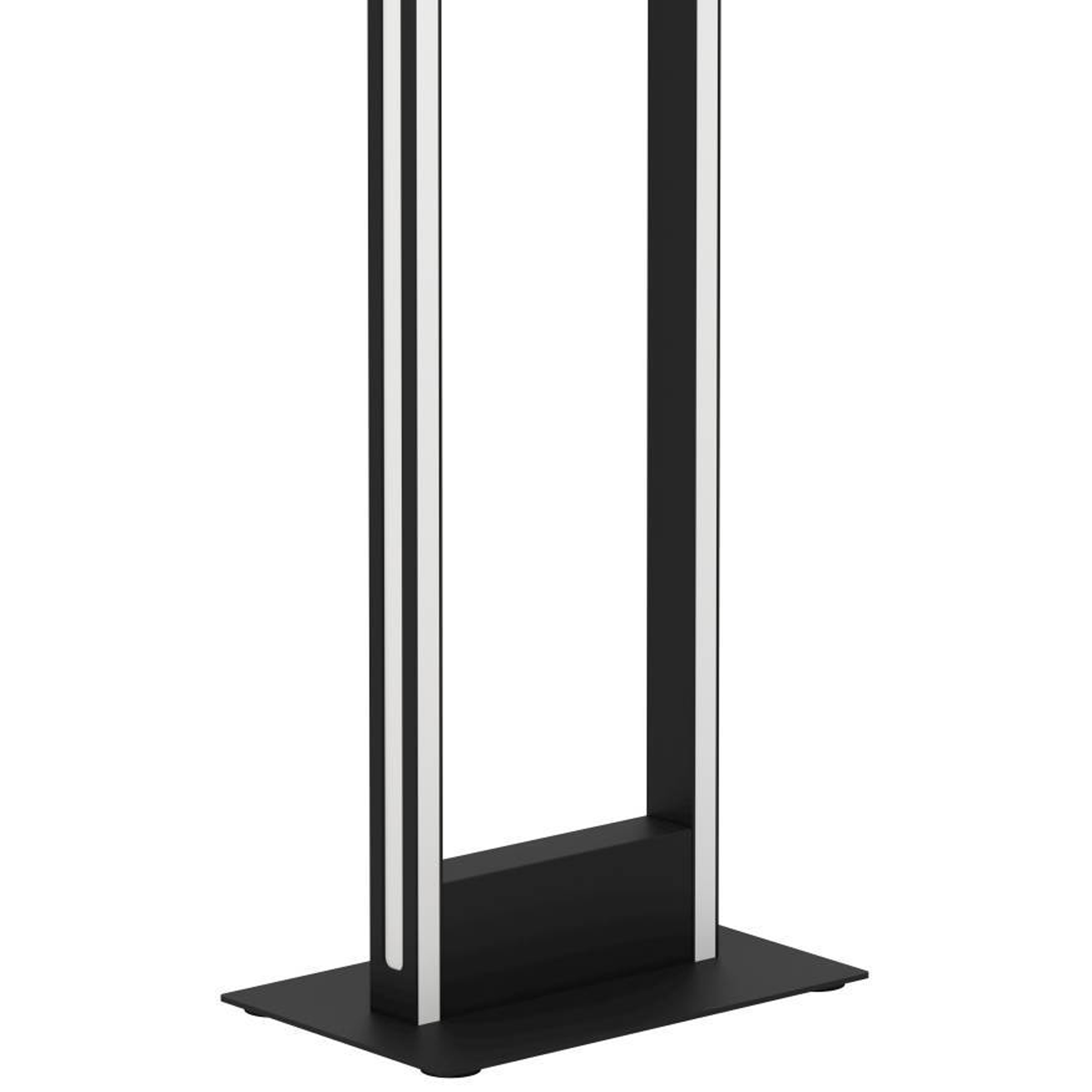 Eine schwarz-weiße Stehlampe mit rechteckigen Lichtpaneelen auf einem weißen Hintergrund.