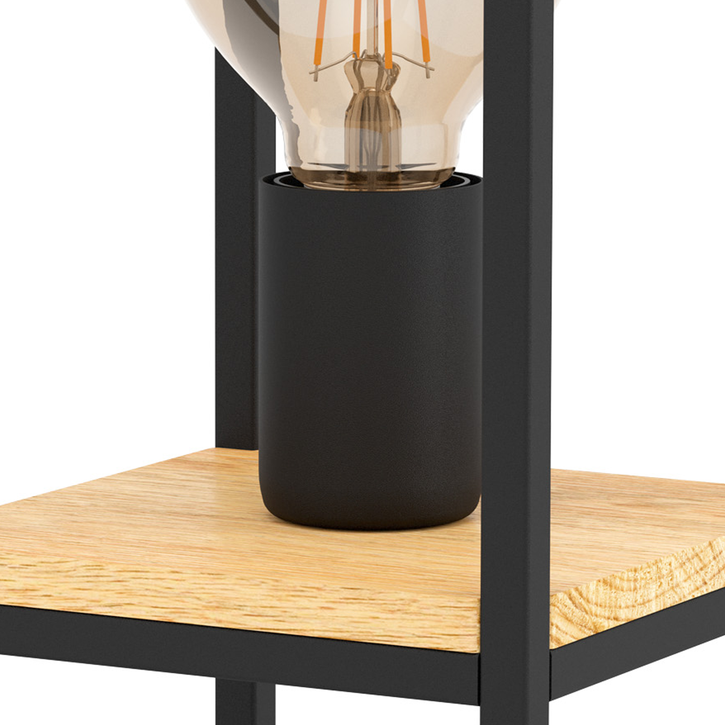Eine Nahaufnahme einer Edison-Glühbirnenlampe mit schwarzem Sockel und Holzregal.