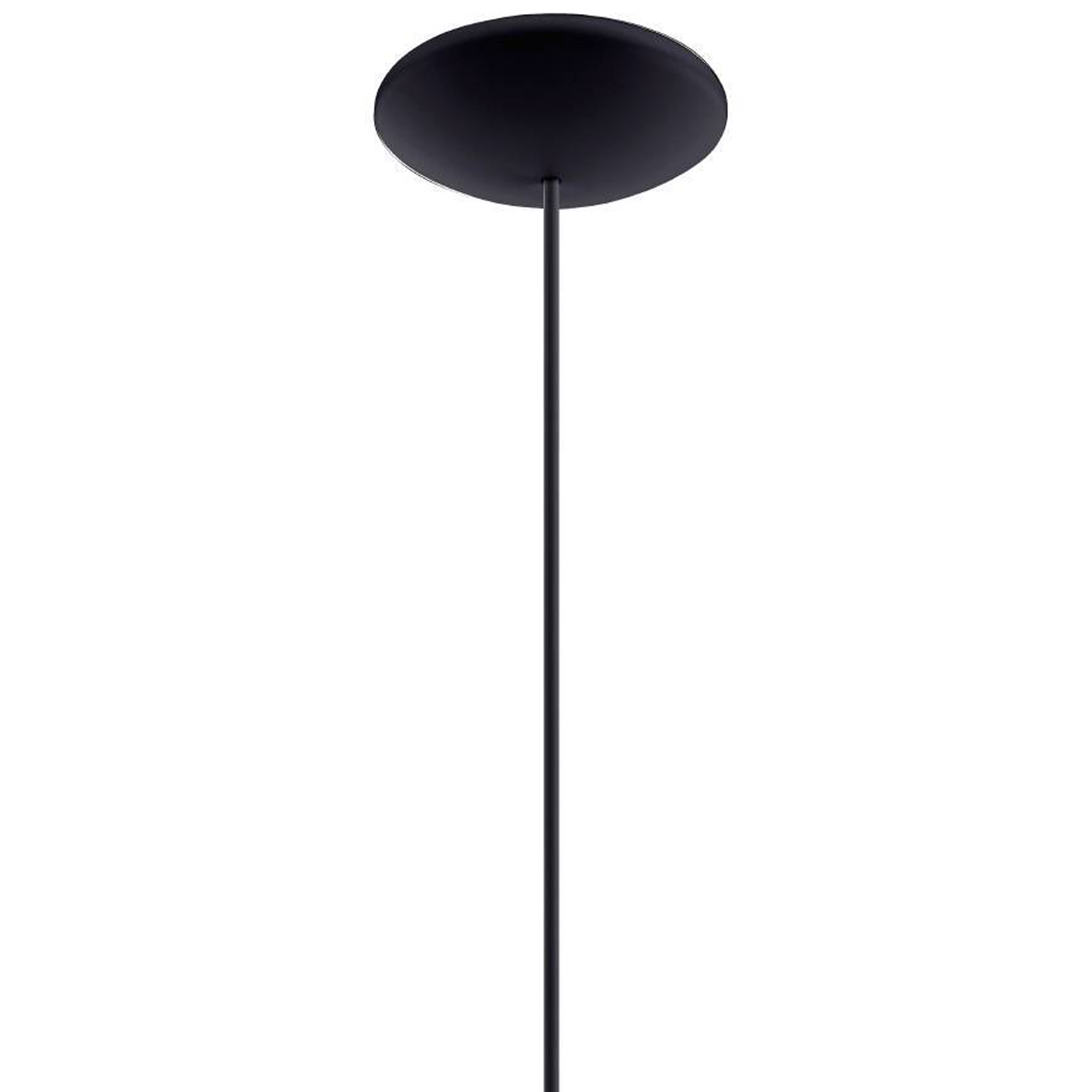Una lampada a sospensione nera su uno sfondo bianco.