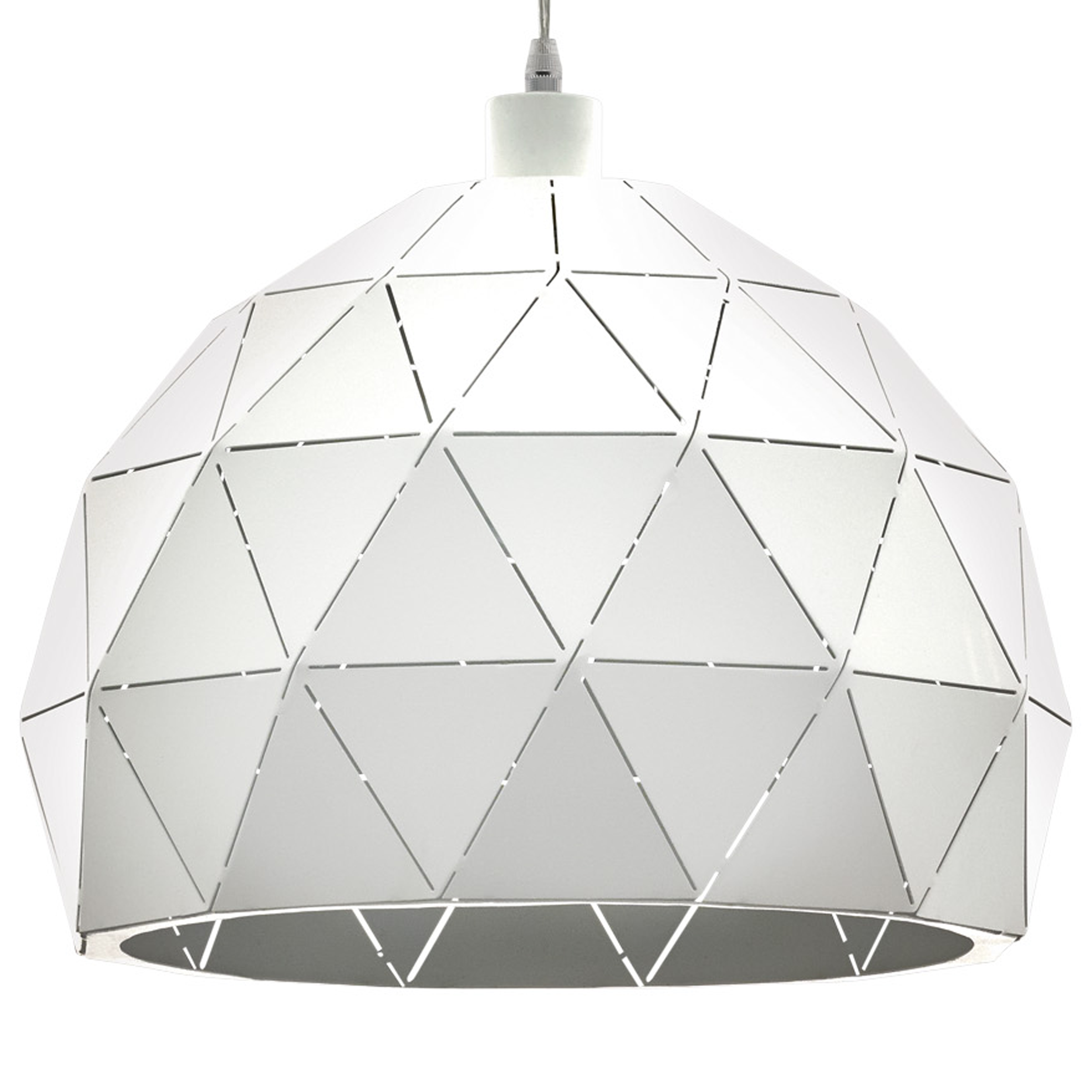 Eine weiße Pendelleuchte mit einem geometrischen Design vor einem weißen Hintergrund.