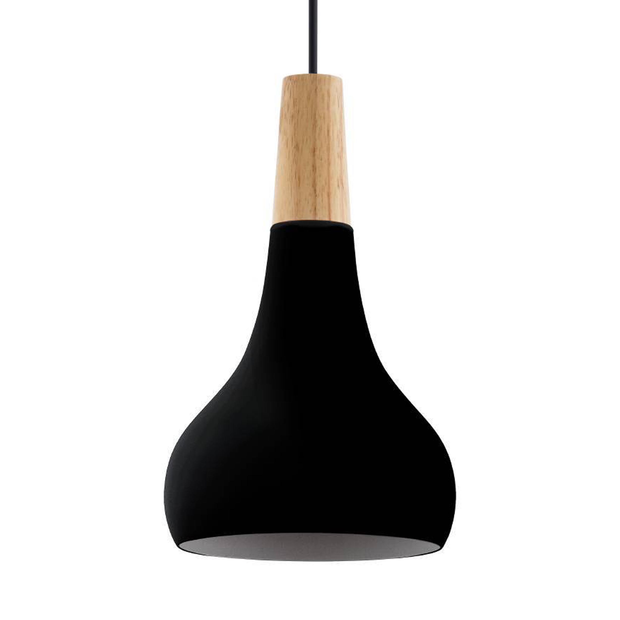 Una lampada a sospensione nera con un elemento decorativo in legno chiaro è appesa su uno sfondo bianco.