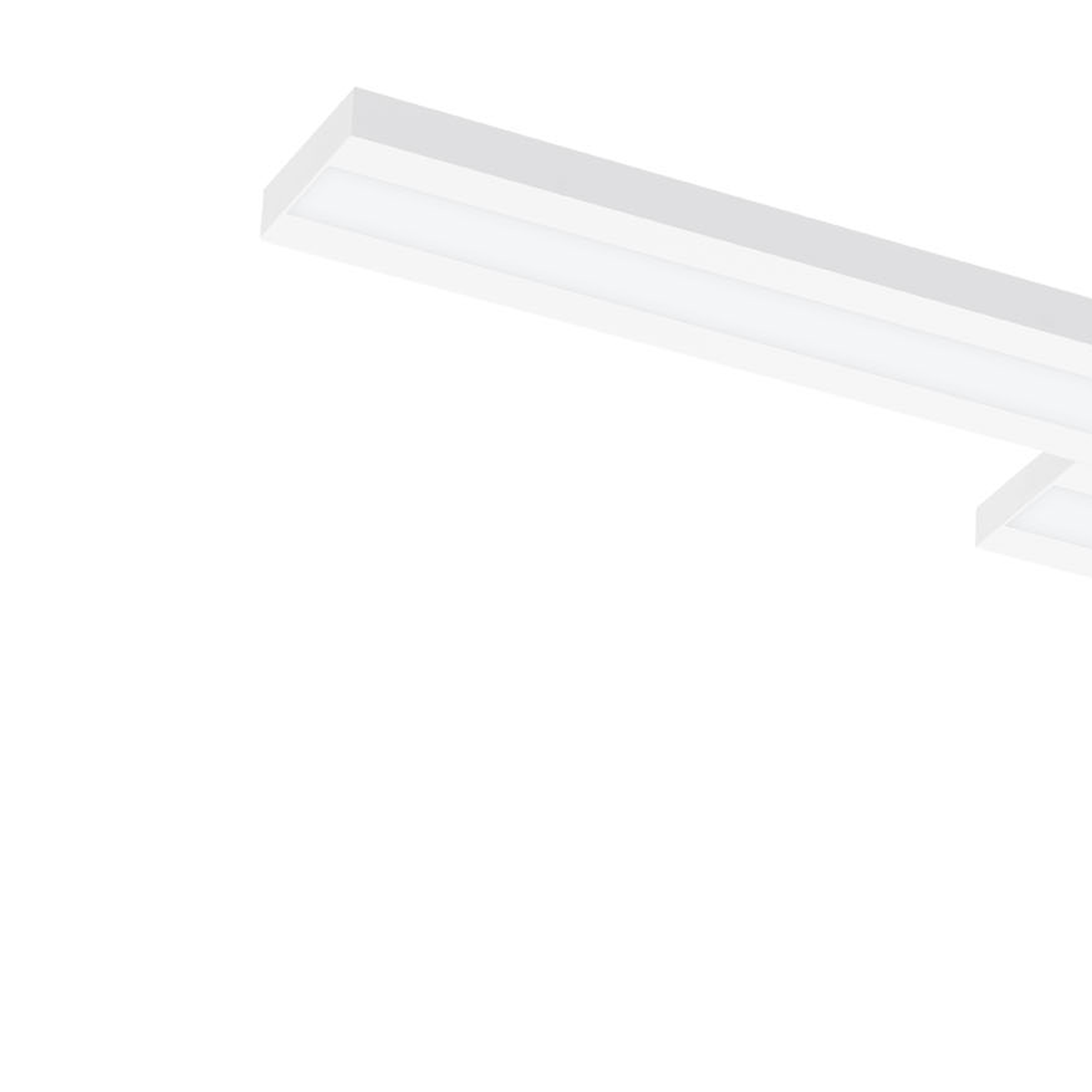 Una lámpara de techo LED lineal blanca y moderna sobre un fondo blanco.