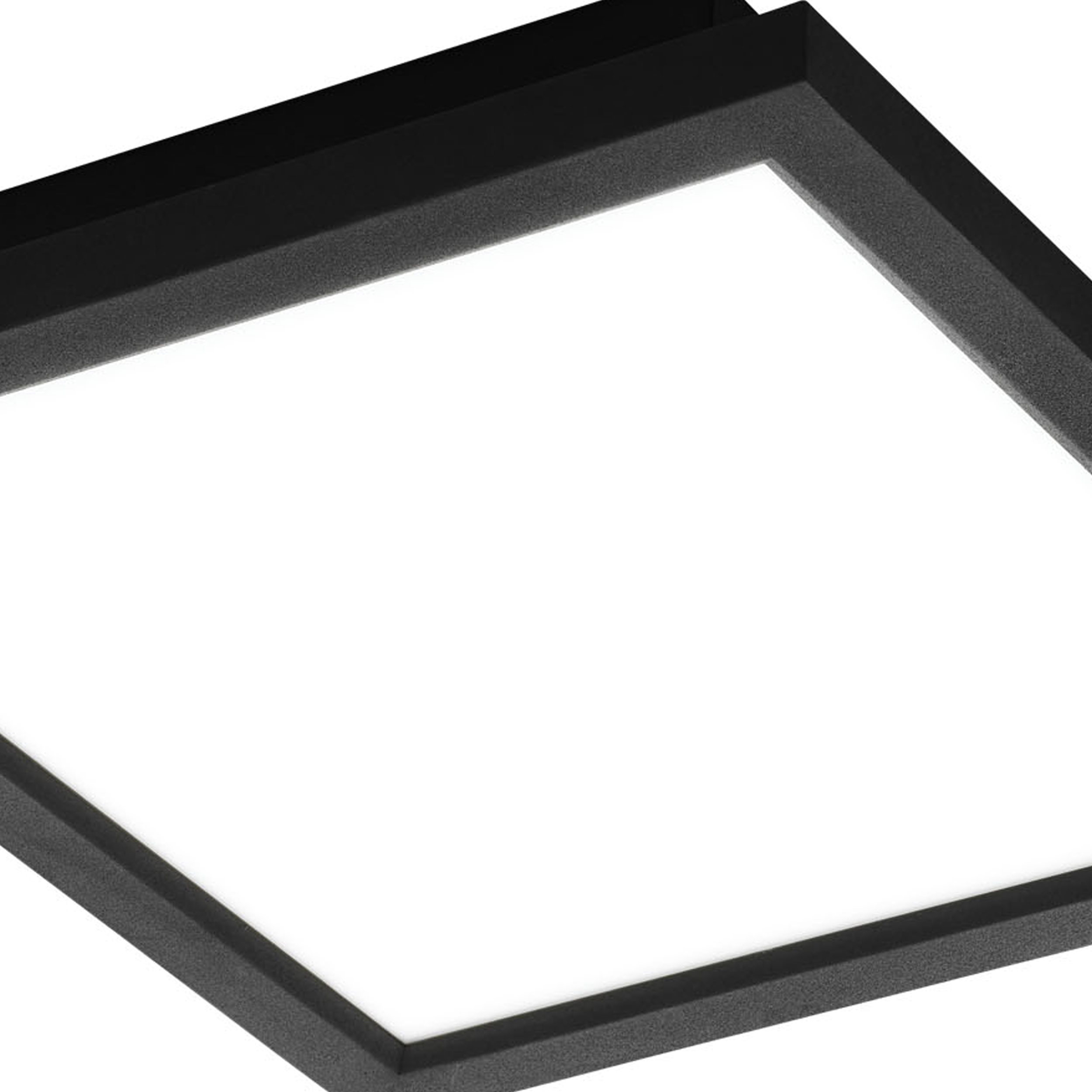 Primo piano di una plafoniera LED quadrata con cornice nera, che mostra il suo design e l'illuminazione.