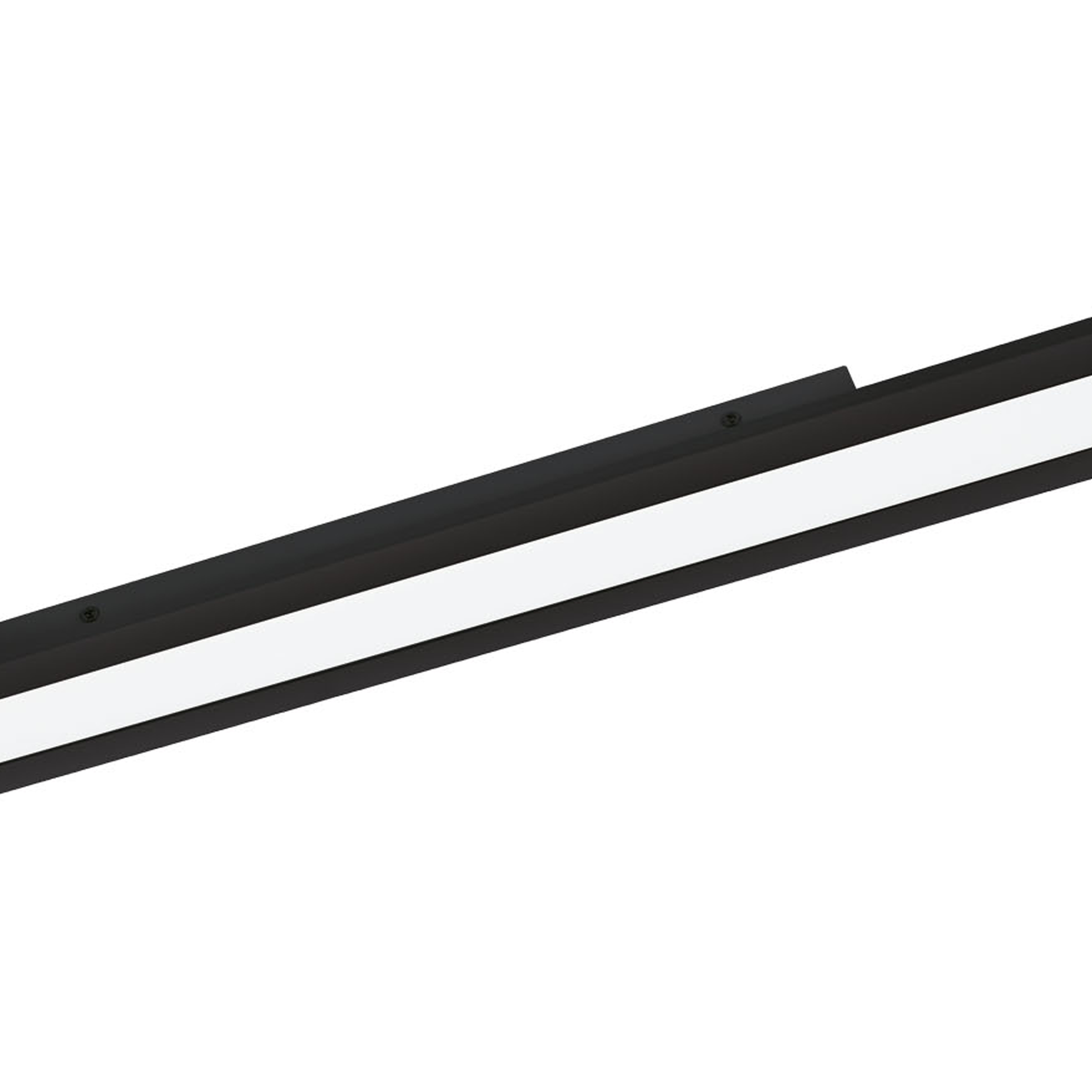 Primo piano di una lampada da soffitto a LED lineare sottile con cornice nera, montata a soffitto.