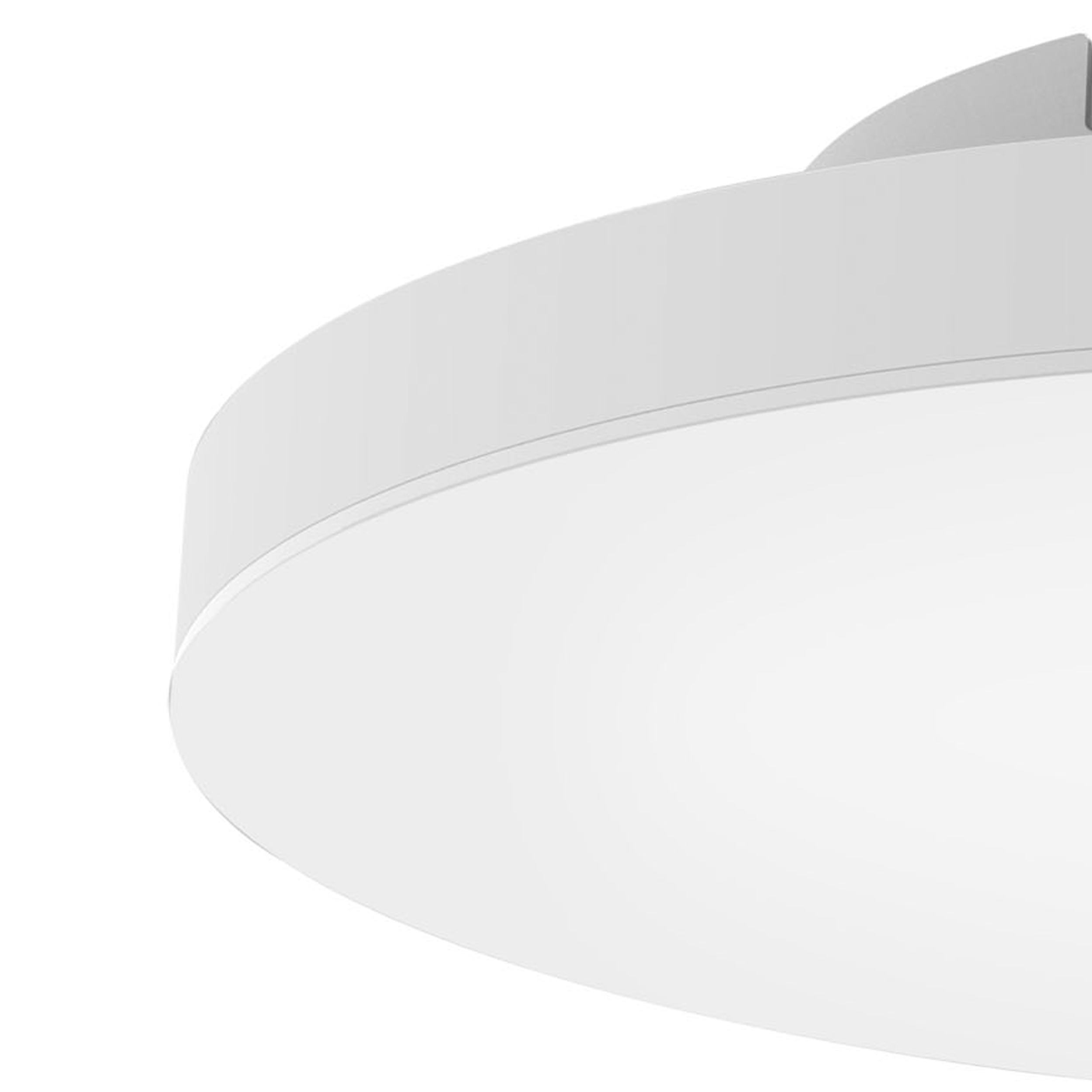 Un primo piano di una plafoniera bianca e rotonda, che mostra il suo design curvo e la luce diffusa.