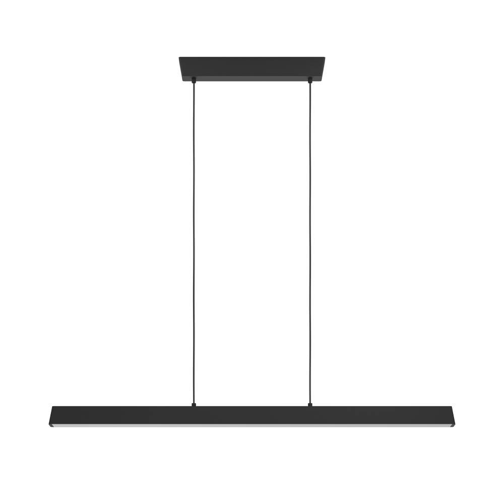 Eine elegante, schwarze lineare Pendelleuchte, die an zwei Schnüren vor einem weißen Hintergrund hängt.