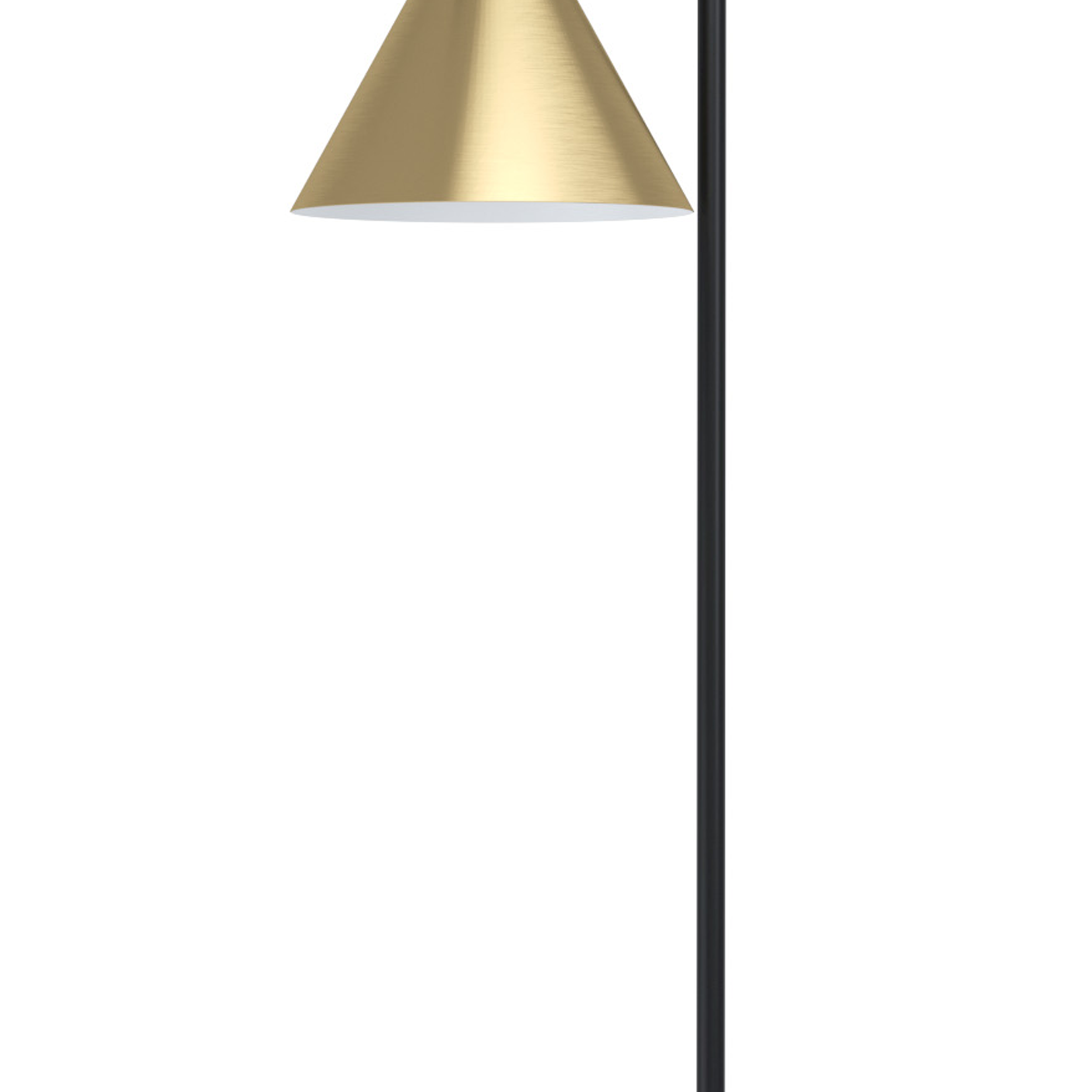 Eine Stehlampe mit goldenem Lampenschirm und schwarzem Ständer wird vor einem weißen Hintergrund gezeigt.
