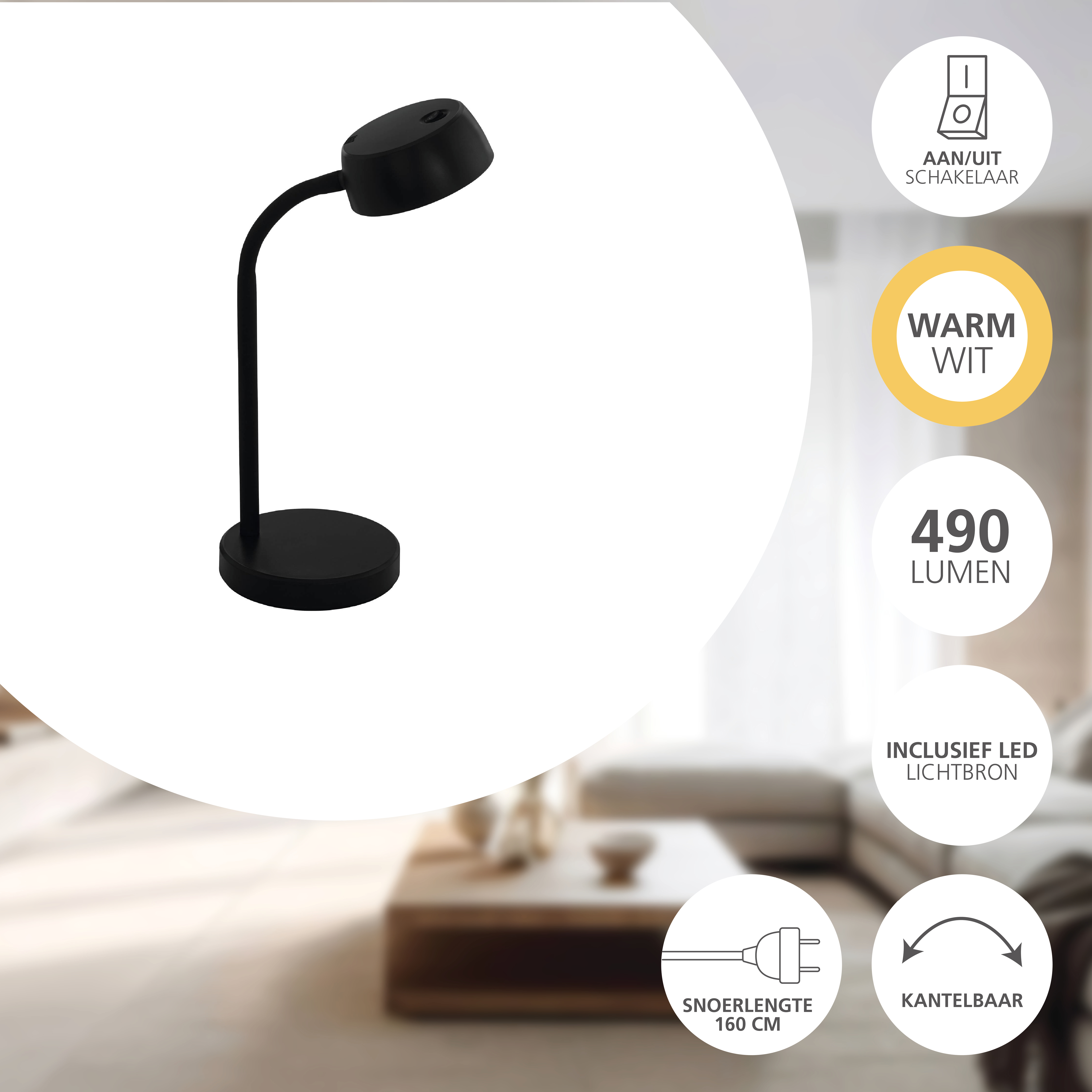 Eine schwarze Schreibtischlampe mit flexiblem Hals wird mit Symbolen und Text gezeigt, die Funktionen angeben.