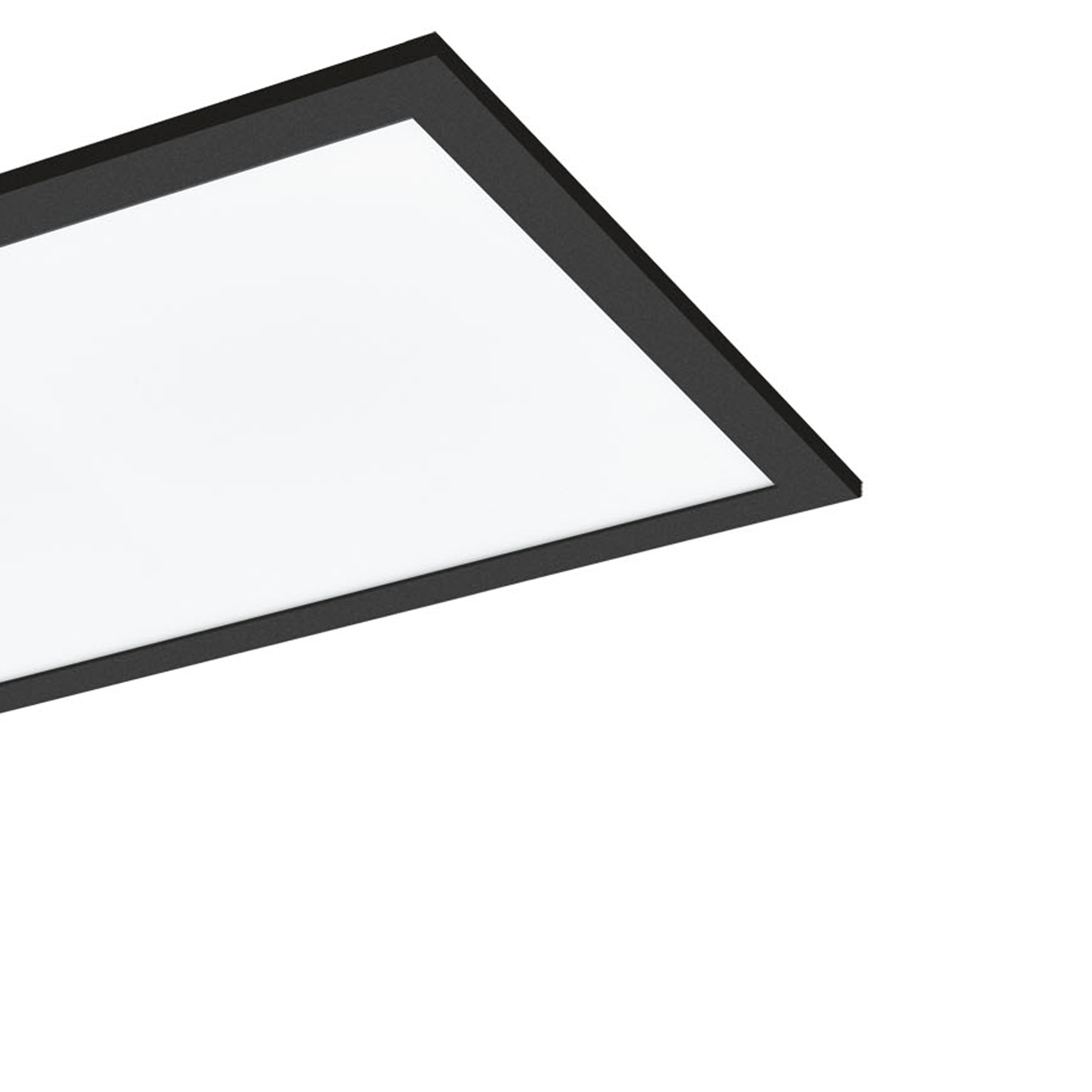 Un primo piano di una lampada da soffitto rettangolare con cornice nera e pannello luminoso bianco.
