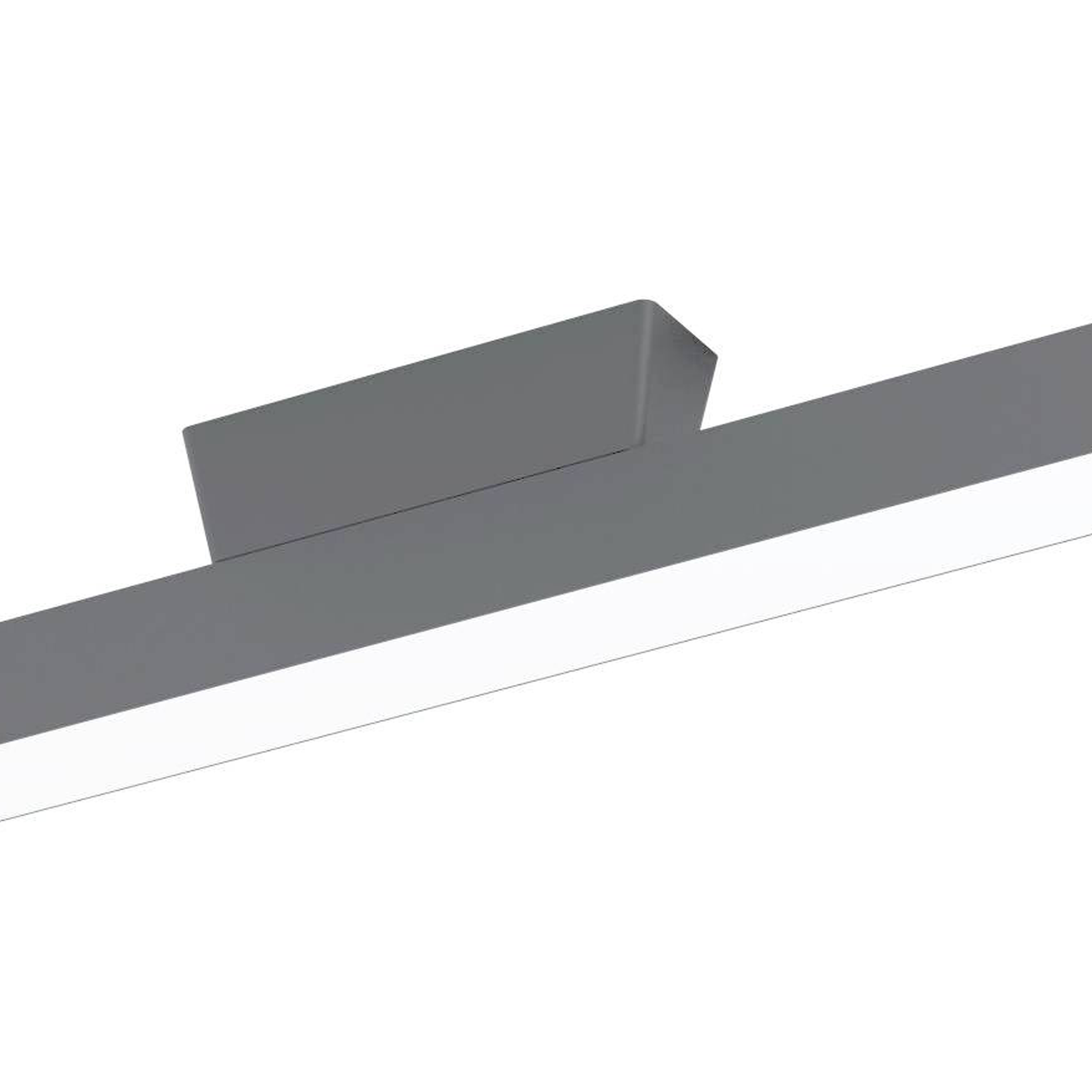 Un primo piano di una lampada da soffitto lunga e sottile con cornice grigia e pannello luminoso bianco, montata a soffitto.