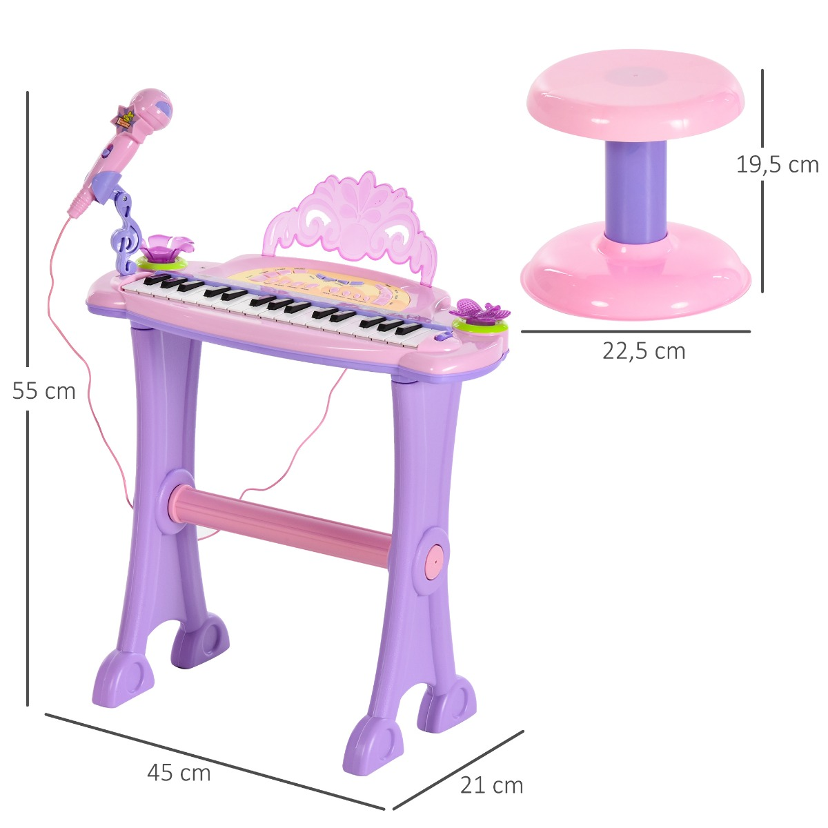 Un piano de juguete rosa y morado con dimensiones mostradas sobre un fondo blanco.