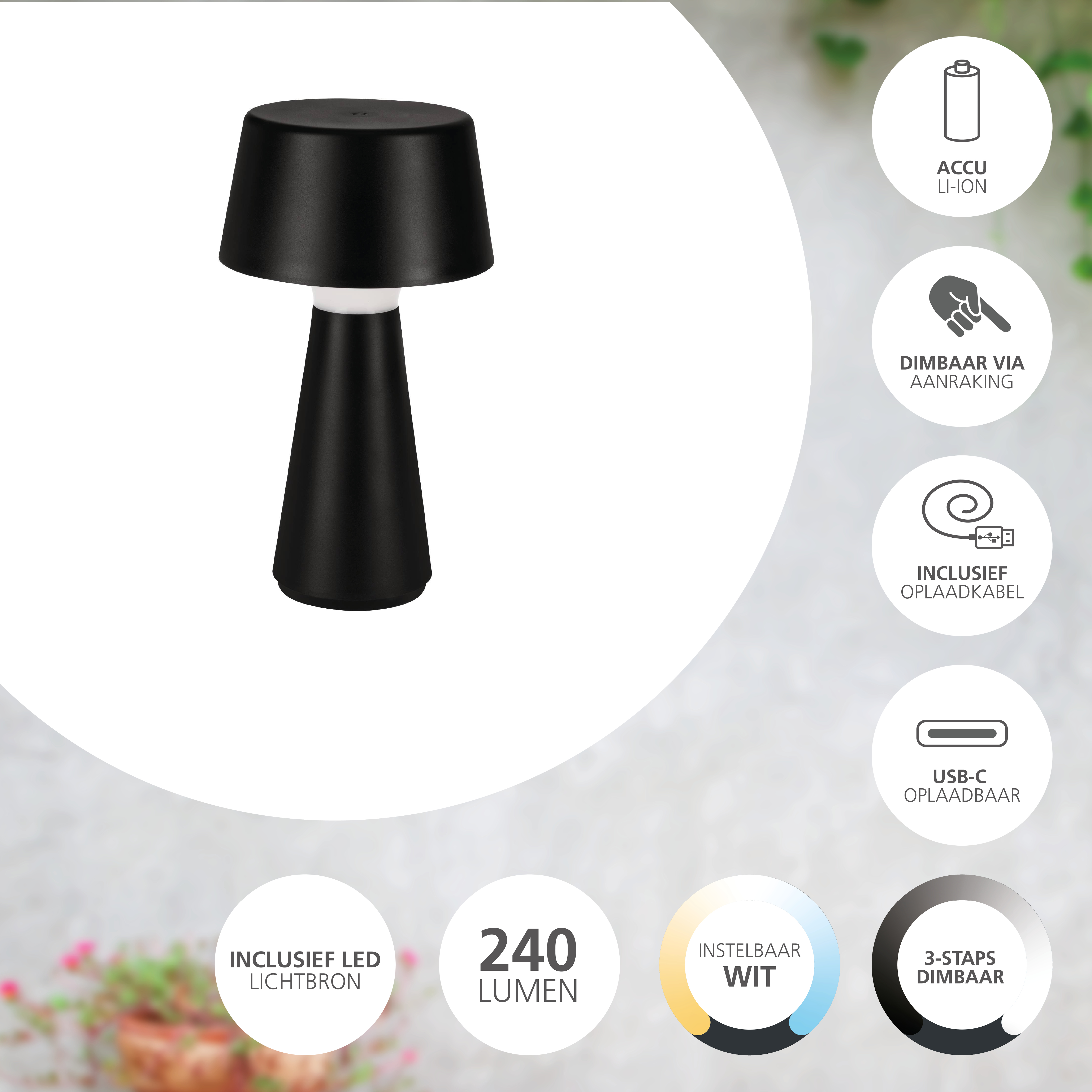 Eine schwarze Tischleuchte wird mit Symbolen dargestellt, die Funktionen wie LED, Dimmbarkeit und USB-C-Aufladung anzeigen.