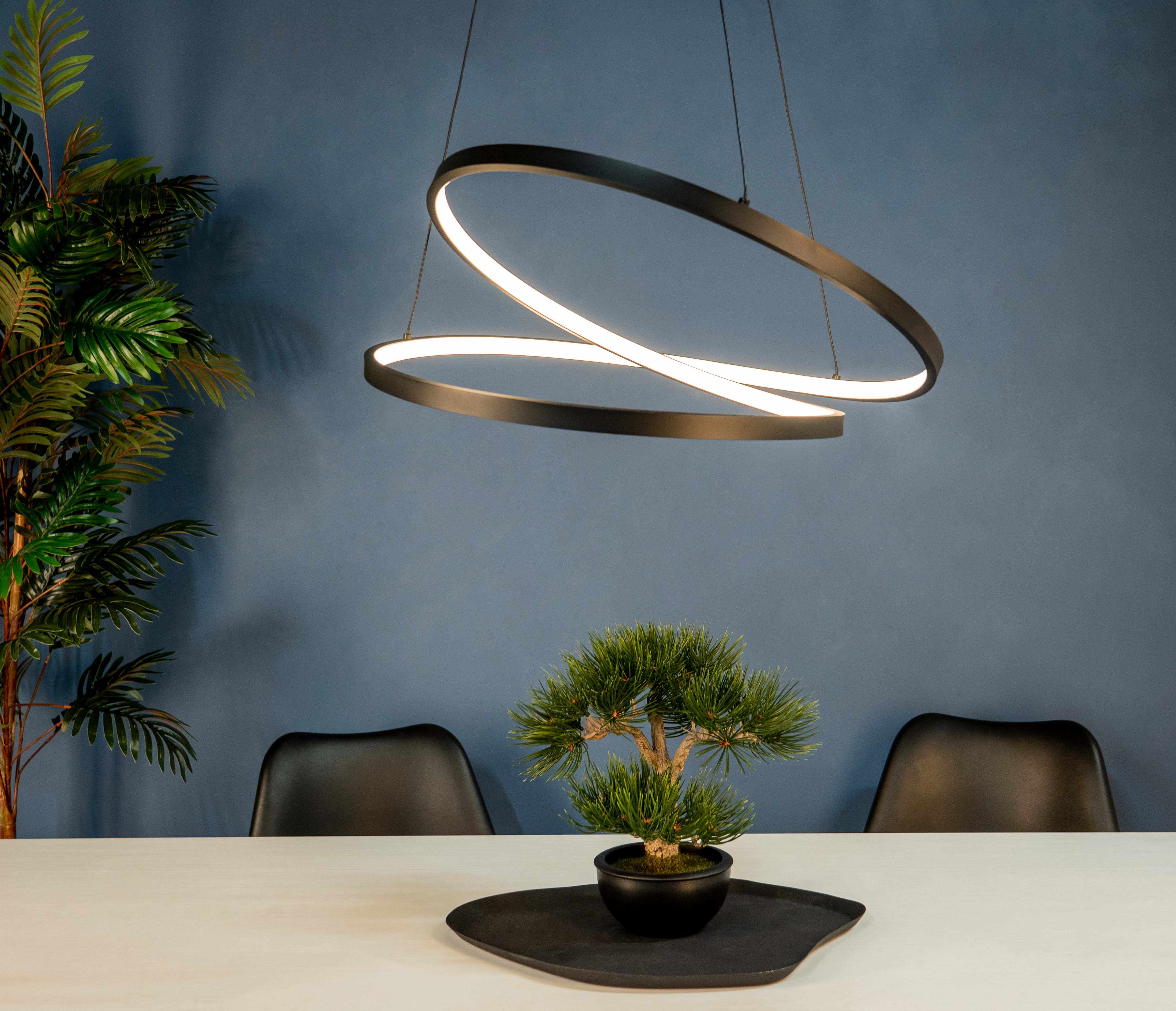Eine moderne Pendelleuchte mit Doppelringdesign, die über einem Tisch hängt. Hintergrund mit blauer Wand und Pflanze.