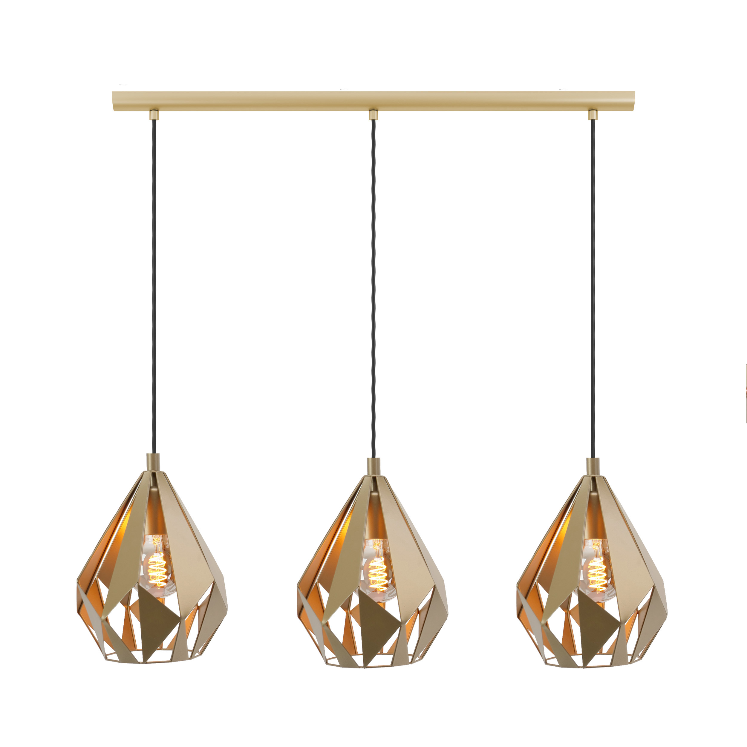 Drei goldene Pendelleuchten mit geometrischen Schirmen, vor weißem Hintergrund. Jede hat eine Glühbirne.