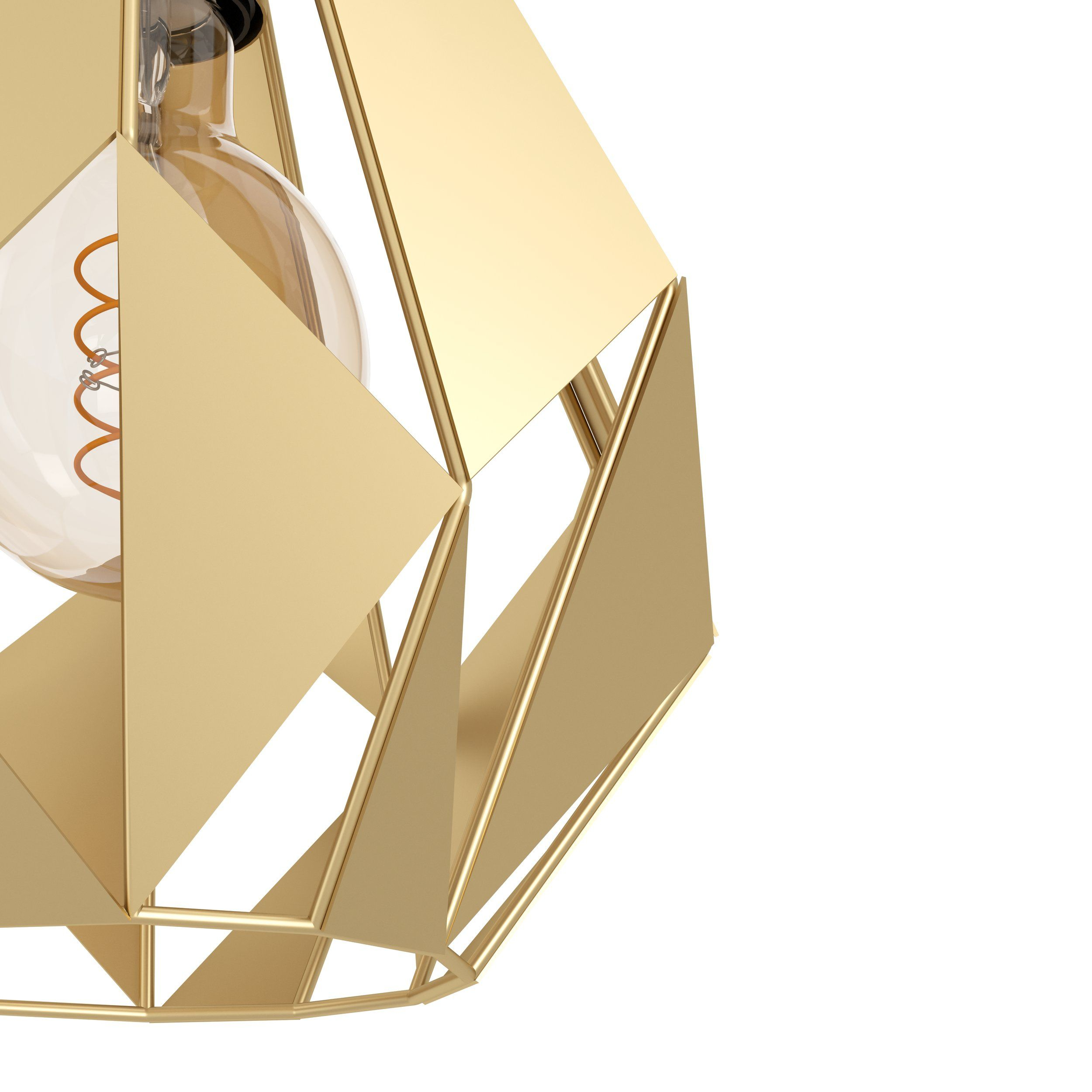 Nahaufnahme einer goldenen, geometrischen Pendelleuchte mit sichtbarer Glühbirne, vor weißem Hintergrund. Scharfes Design.