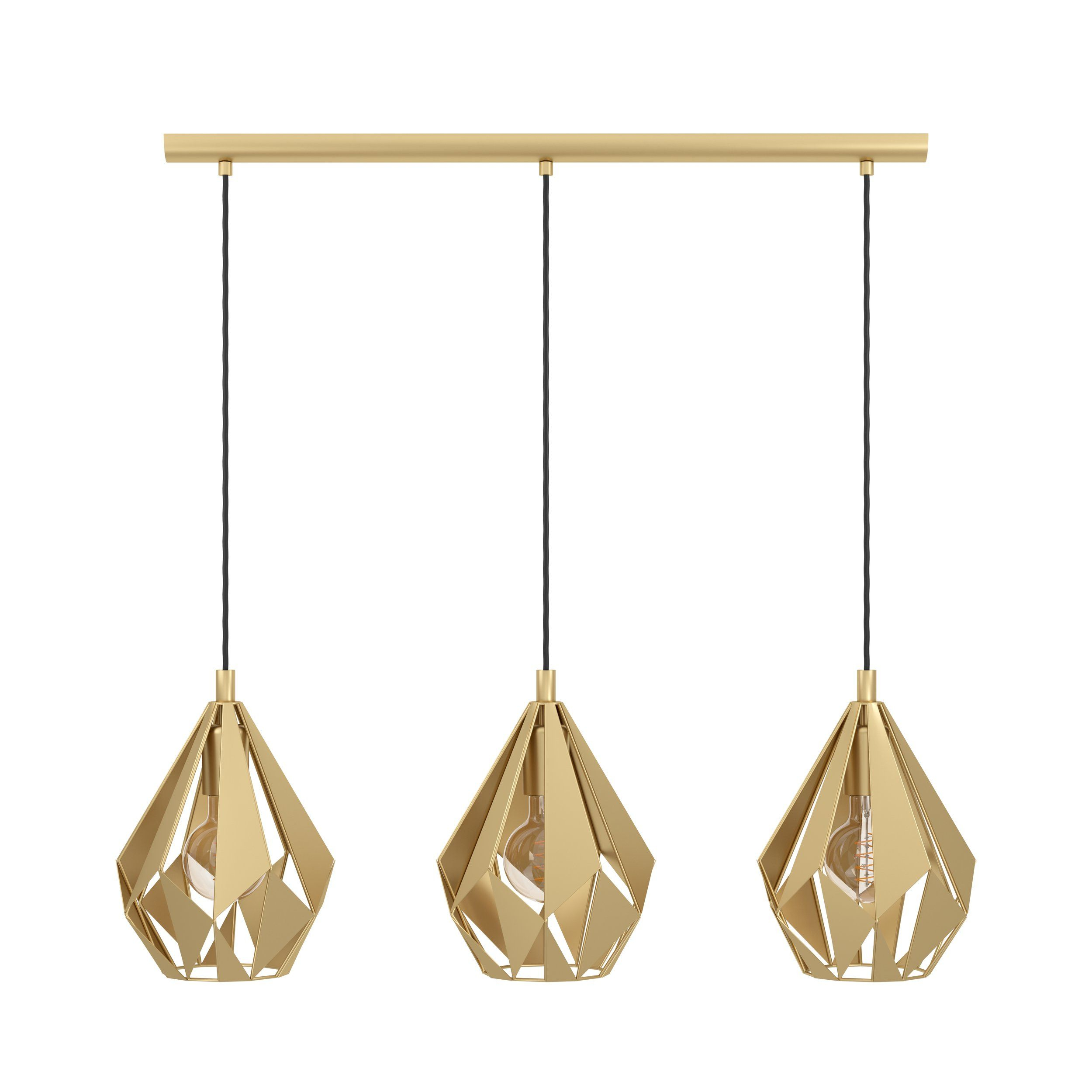 Drei goldene, geometrische Pendelleuchten, vor weißem Hintergrund hängend. Jede hat eine Glühbirne, goldener Balken oben.