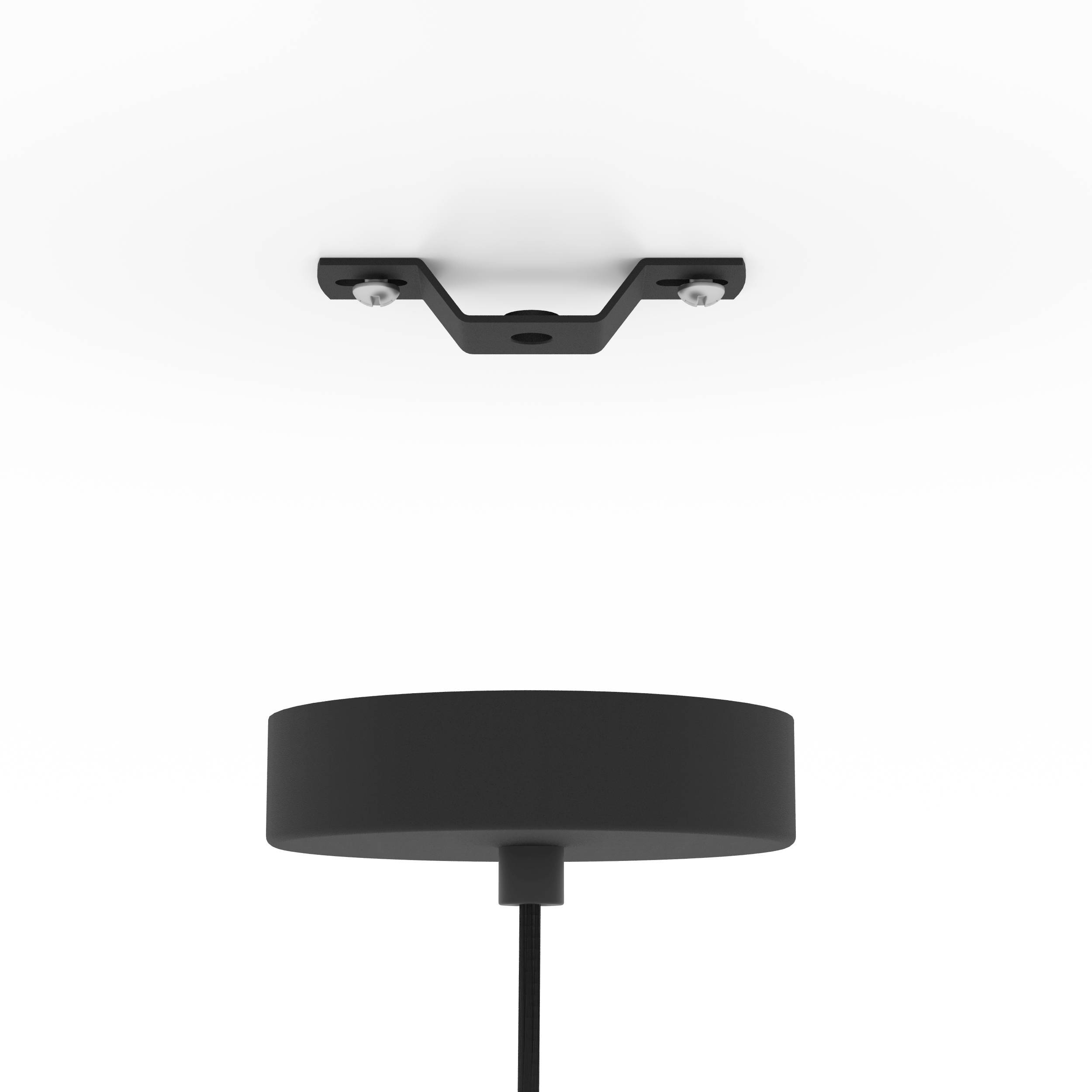 Un plafonnier noir avec une lampe noire ronde est suspendu sur un fond blanc.