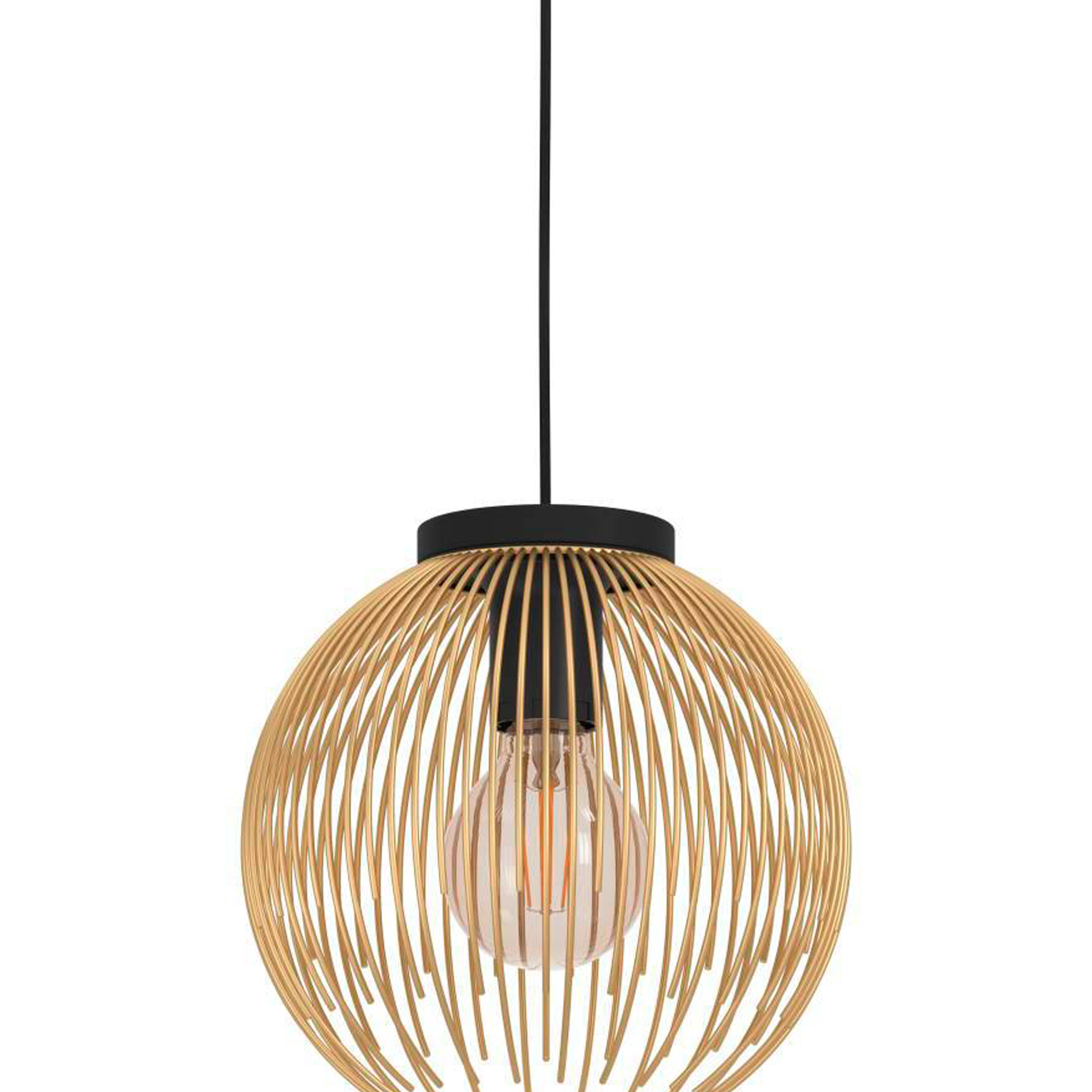 Une suspension sphérique avec une conception de cage en bois est suspendue sur un fond blanc.