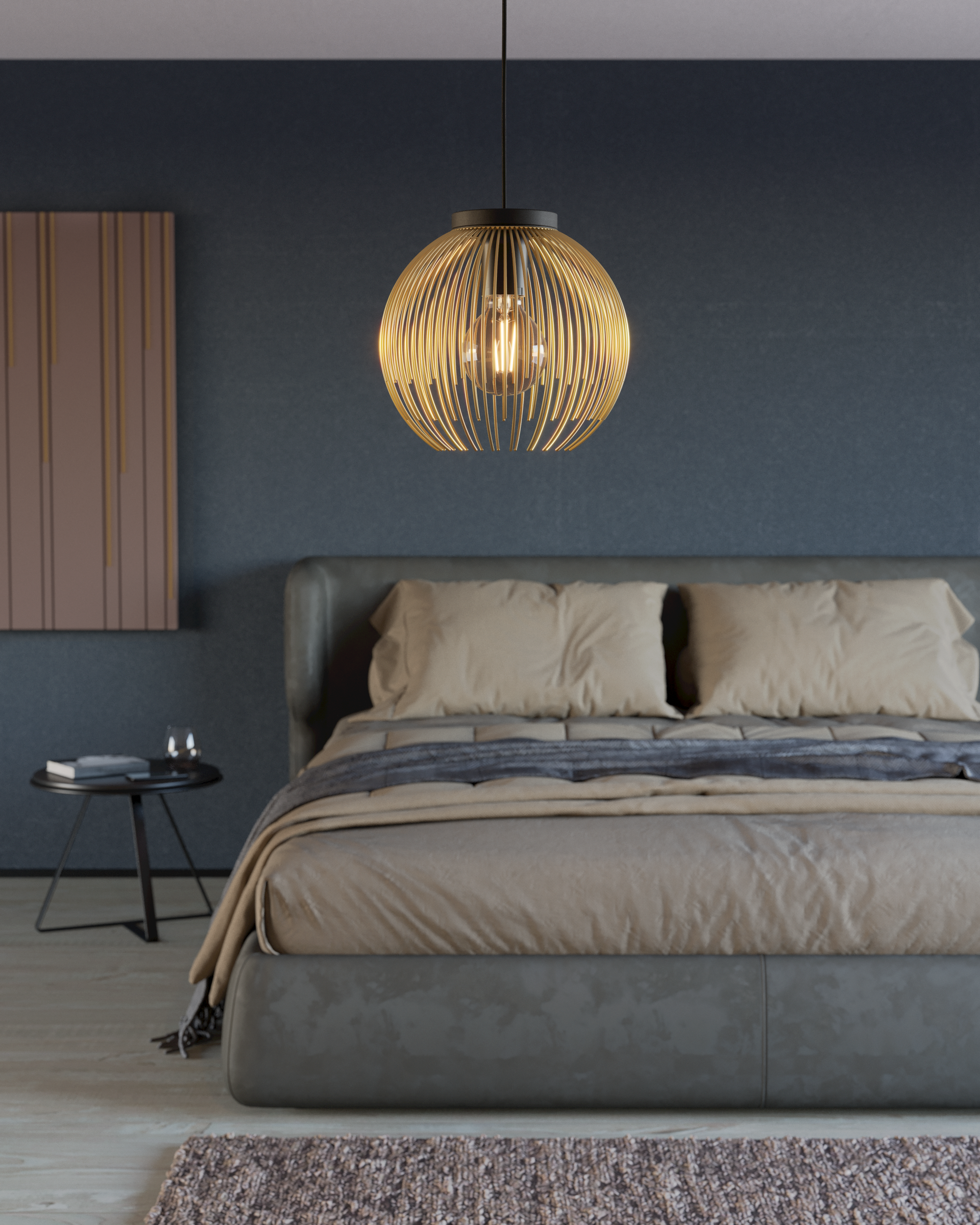 Une suspension sphérique avec une conception de cage en bois est suspendue au-dessus d'un lit dans une chambre.