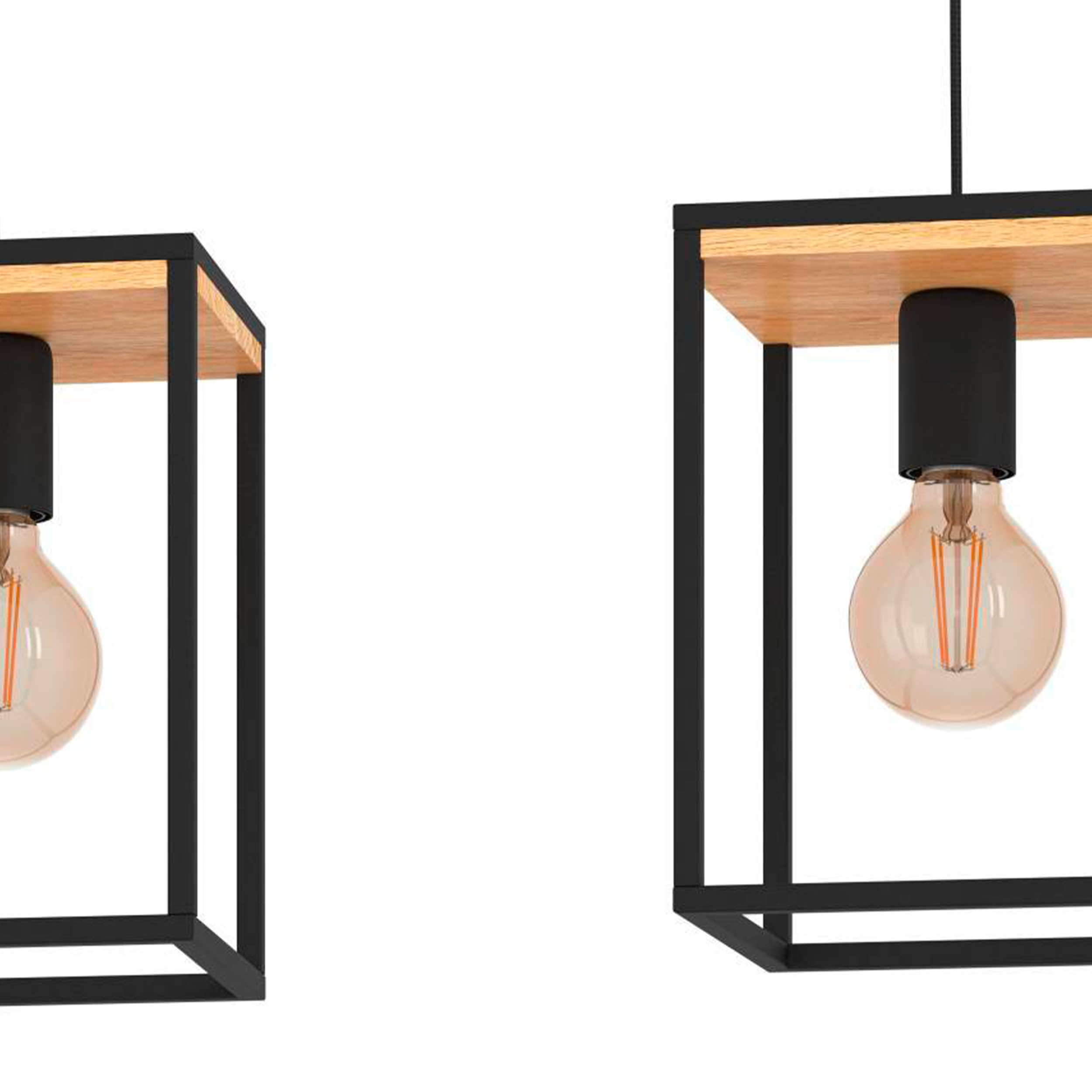 Eine Nahaufnahme zeigt zwei Pendelleuchten mit schwarzen Rahmen, Holzplatten und freiliegenden Glühbirnen.