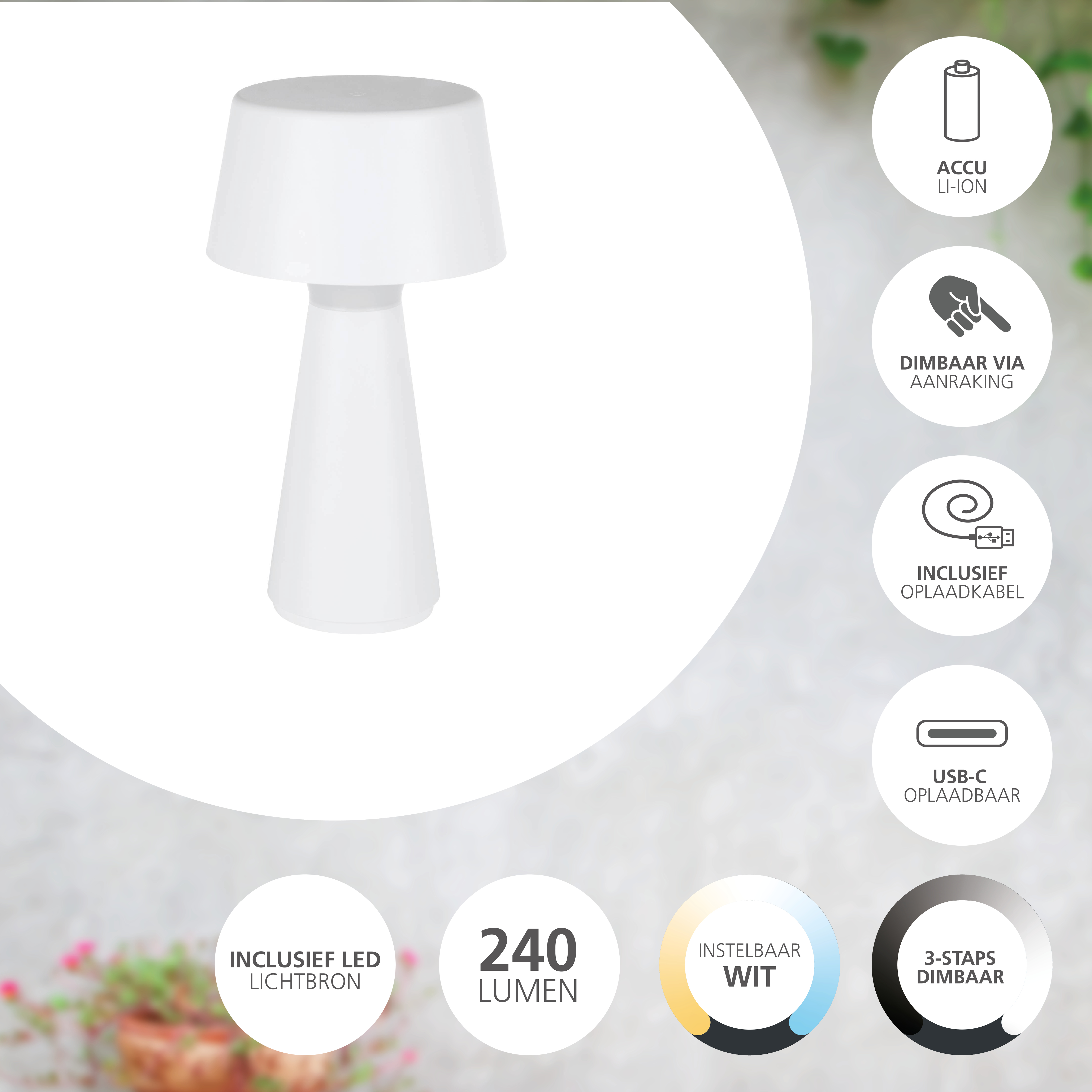 Eine weiße Tischleuchte mit Symbolen, die Funktionen wie LED, Lumen und einstellbares weißes Licht kennzeichnen.